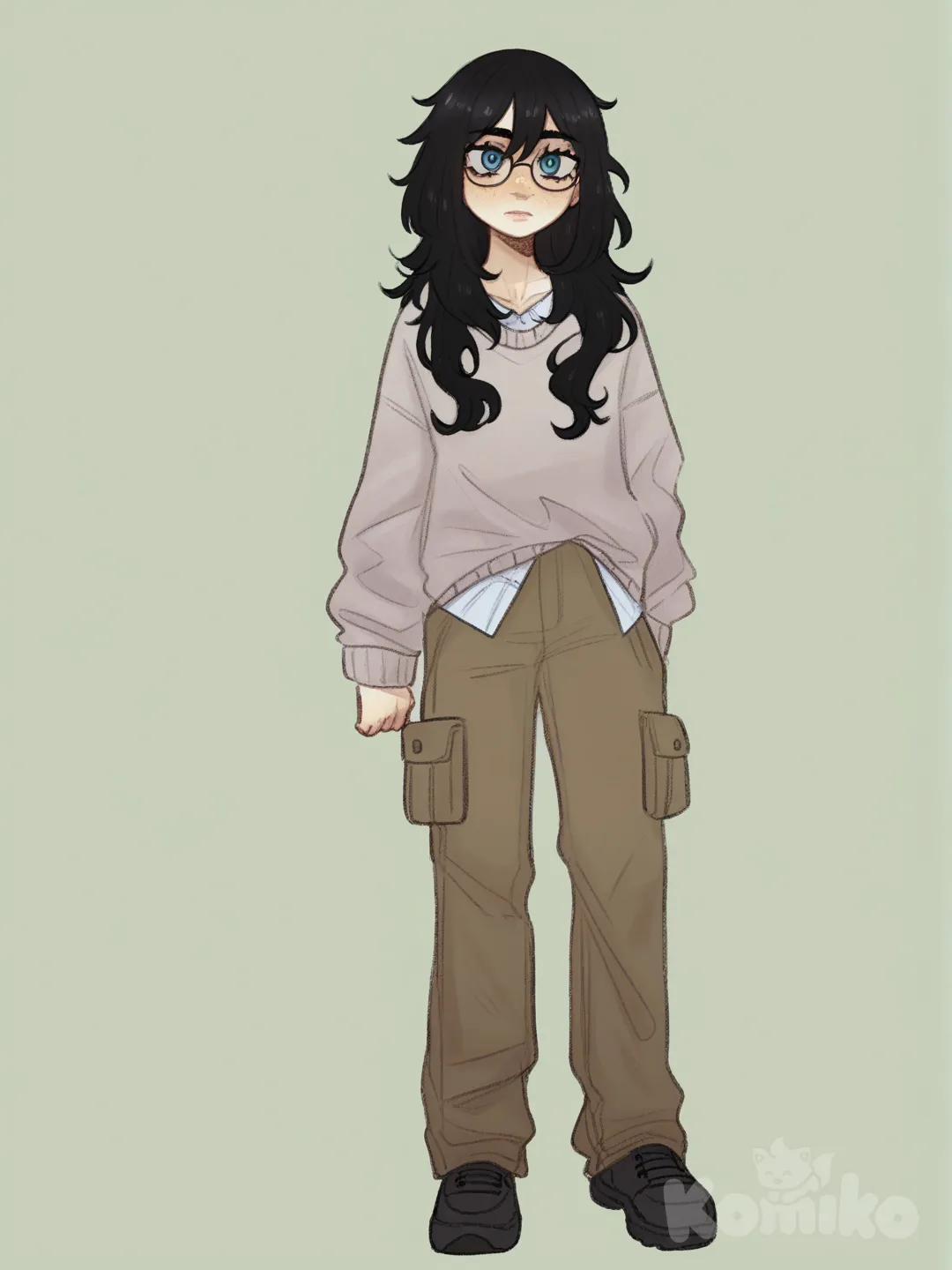 [soft-shaded-moe-style] 1girl, solo, 14 years old, petite, tall, long black hair, blue eyes, fair skin, glasses, sweater, cargo pants, light green background, single character, full body, looking at viewer, anime style, simple background