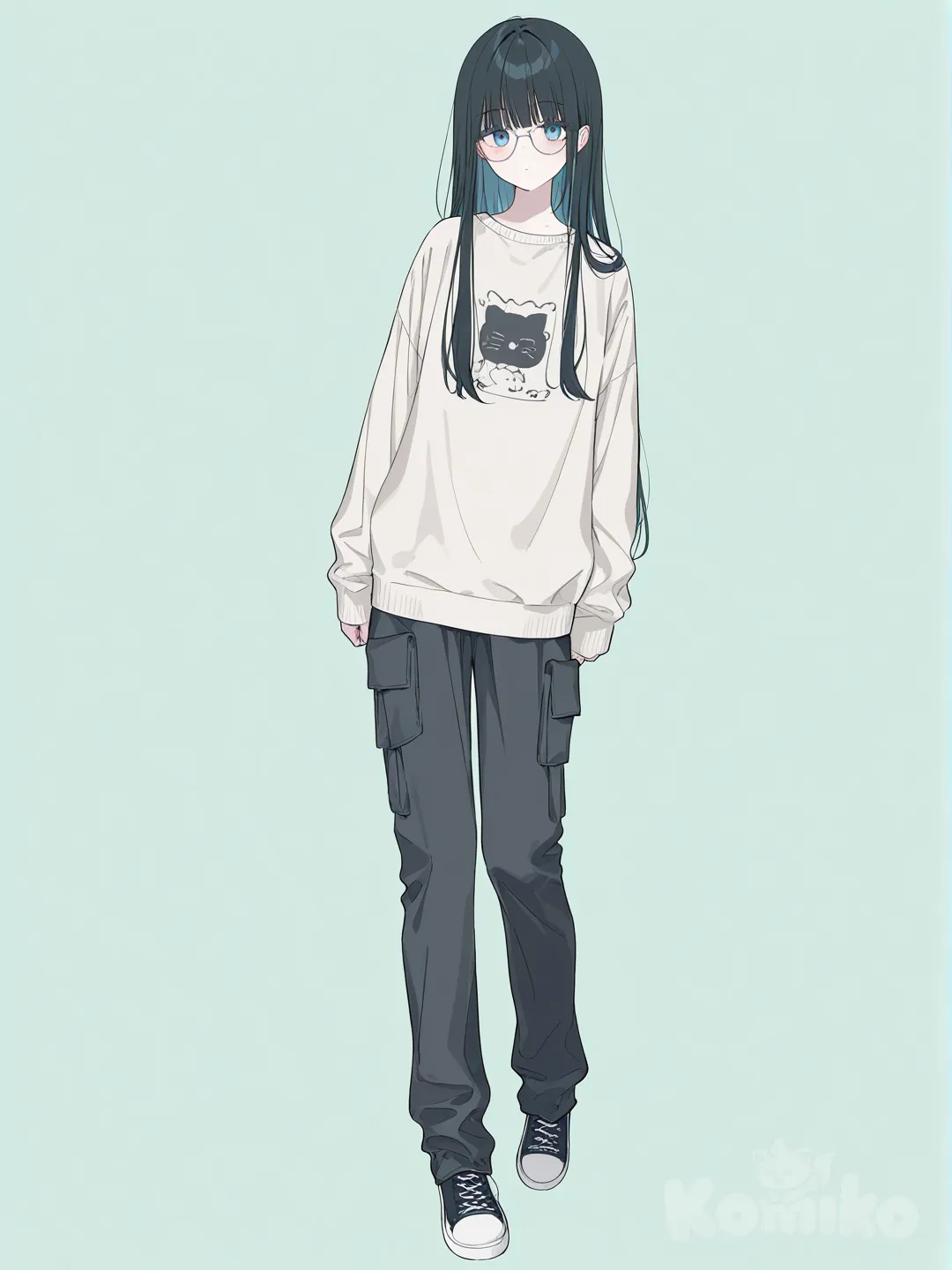 [soft-pastel-style] 1girl, solo, 14 years old, petite, tall, long black hair, blue eyes, fair skin, glasses, sweater, cargo pants, light green background, single character, full body, looking at viewer, anime style, simple background