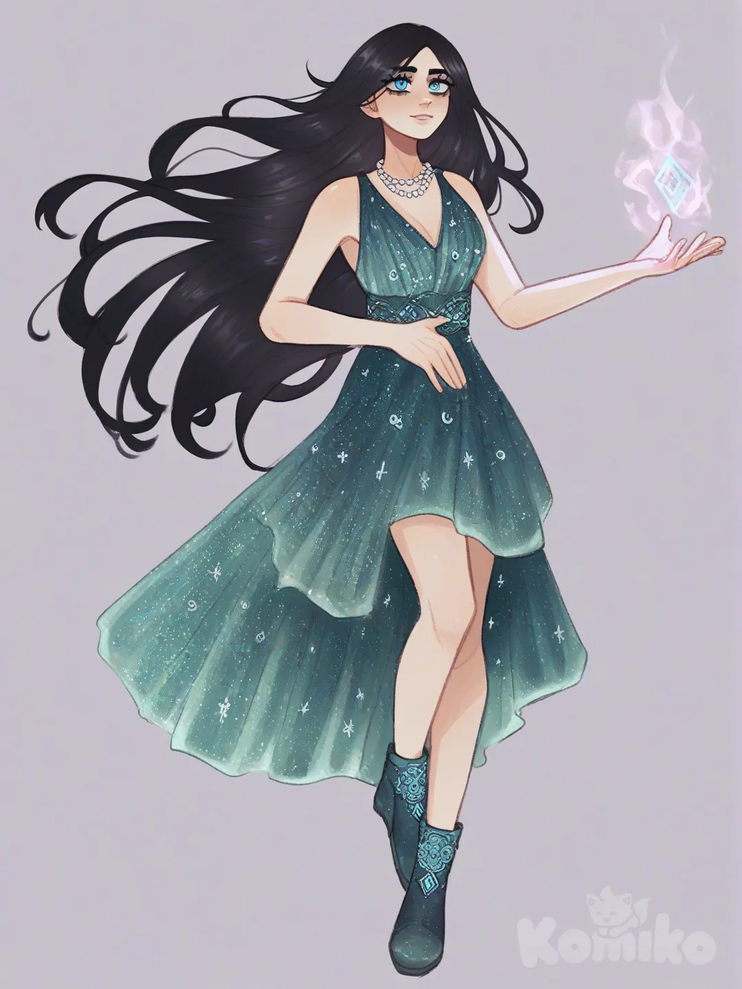 [soft-shaded-moe-style] 1girl, long black hair, flowing hair, blue eyes, glowing aura, magical runes, green dress, silk dress, dress with runes, pearl necklace, ankle boots, diamond accessories, serene expression, single character, full body, looking at viewer, anime style, simple background, white background