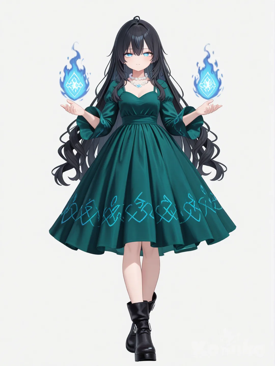 [3d-anime-style] 1girl, long black hair, flowing hair, blue eyes, glowing aura, magical runes, green dress, silk dress, dress with runes, pearl necklace, ankle boots, diamond accessories, serene expression, single character, full body, looking at viewer, anime style, simple background, white background