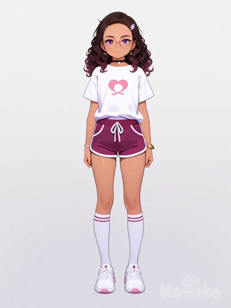 1girl, mature, tall, athletic, petite, brown_hair, curly_hair, long_hair, purple_eyes, freckles, fair_skin, tan_skin, t-shirt, shorts, hair_ornament, earrings, choker, jewelry, glasses, bracelet, knee_socks, single character, full body, looking at viewer, anime style, simple background, white background