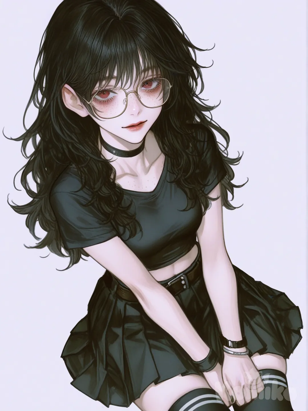 [semi-realistic-portrait-style] 1girl, jujutsu_kaisen_style, mature, tall, athletic, petite, short_wavy_hair, black_hair, red_eyes, freckles, fair_tan_skin, crop_top, pleated_skirt, emo, bracelet, jewelry, knee_high_socks, glasses, choker, single_character, full_body, looking_at_viewer, simple_background, white_background