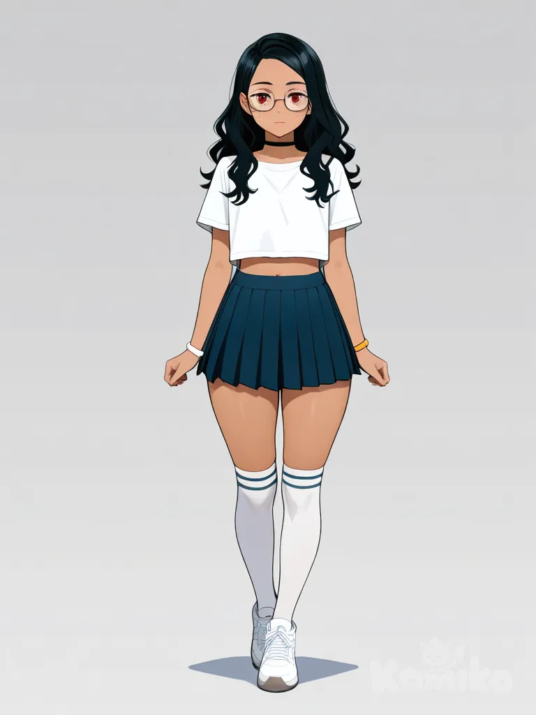 1girl, jujutsu kaisen style, mature, tall, athletic, petite, short wavy hair, black hair, red eyes, freckles, fair tan skin, crop-top, pleated skirt, bracelet, jewelry, knee-high socks, glasses, choker, single character, full body, looking at viewer, anime style, simple background, white background