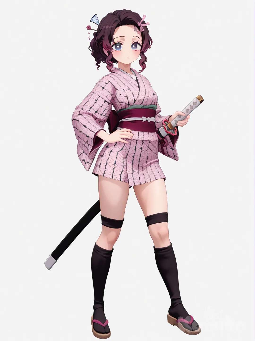 [3d-anime-style] 1girl, teen, tall, athletic, maroon_hair, curly_hair, short_hair, blue_eyes, fair_skin, kimono, sandals, sword, sheath, hairpin, knee_socks, forest background, kimetsu_no_yaiba, single character, full body, looking at viewer, anime style, simple background, white background