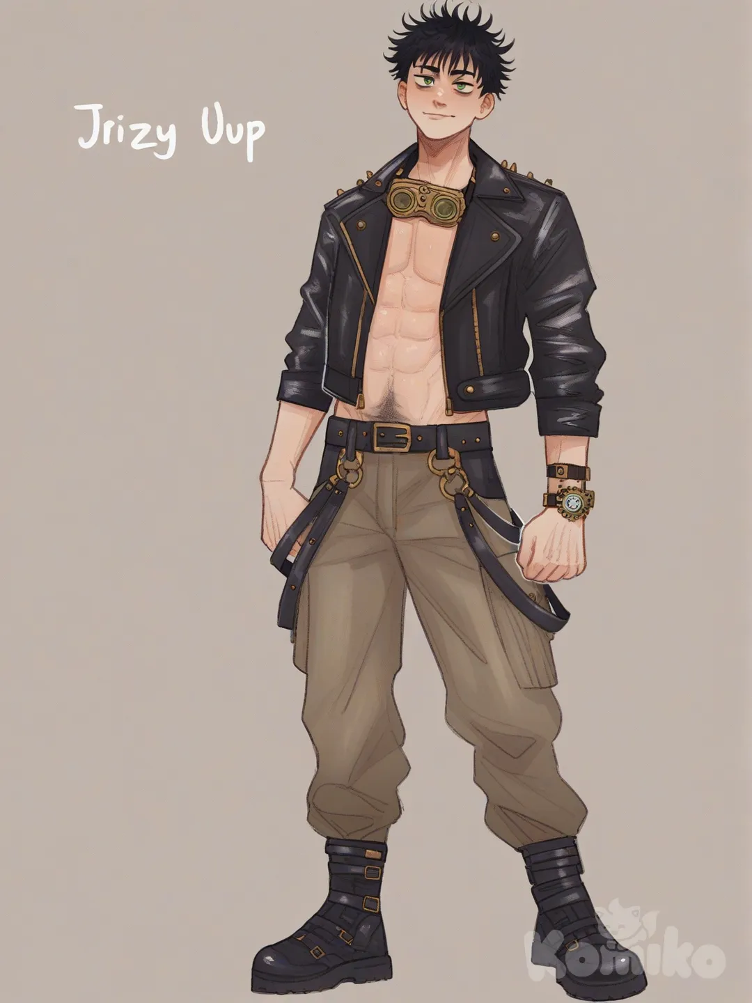 [soft-shaded-moe-style] 1boy, jujutsu kaisen, mature, muscular, athletic, tall, black hair, short hair, frizzy hair, green eyes, fair skin, punk leather jacket, cargo pants, steampunk goggles, mechanical watch, single character, full body, looking at viewer, anime style, simple background, white background