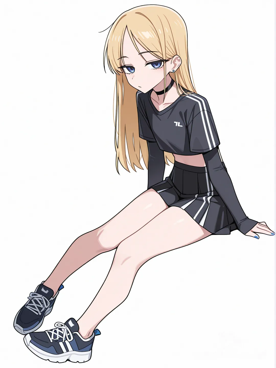 [toon-shaded-style] 1girl, tall_(body), petite, athletic, teenager, blonde_hair, long_hair, straight_hair, blue_eyes, fair_skin, crop_top, short_skirt, choker, earrings, single character, full body, looking at viewer, anime style, simple background, white background