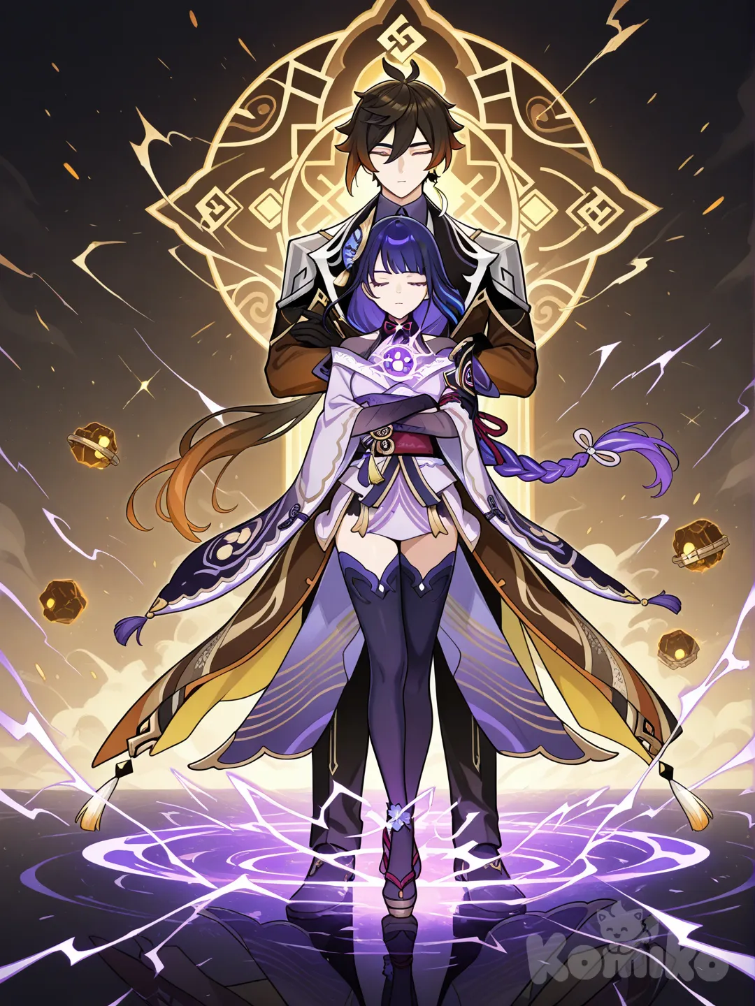 @Zhongli_(Genshin_Impact) and @Raiden_Shogun stand side by side in their true idle animations. @Zhongli_(Genshin_Impact) has his arms crossed over his chest, eyes closed or half-closed, small geo-gems rotating slowly around him, his coat tails fluttering very gently, and his posture calm, composed, deeply reflective. @Raiden_Shogun is standing rigid and statuesque, holding a softly glowing electro orb that rotates in her palm, her robe barely shifting, her face serenely distant and focused, emanating controlled, crackling thunder-like power. The energy motions are minimal but potent, the stillness elegant and powerful, their expressions tranquil yet authoritative.