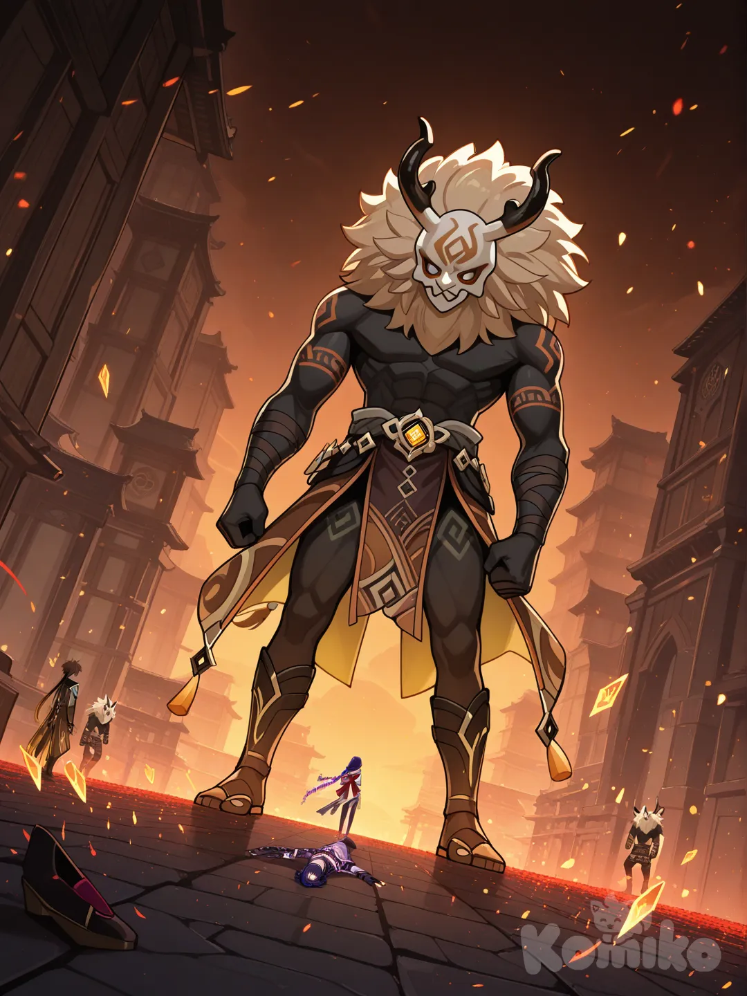 @Zhongli_(Genshin_Impact) and @Raiden_Shogun standing side by side in the middle of their idle animations in front of a dead @Hilichurl_(Genshin_Impact) lying on the ground pixelating out of existance into red embers and pixels.