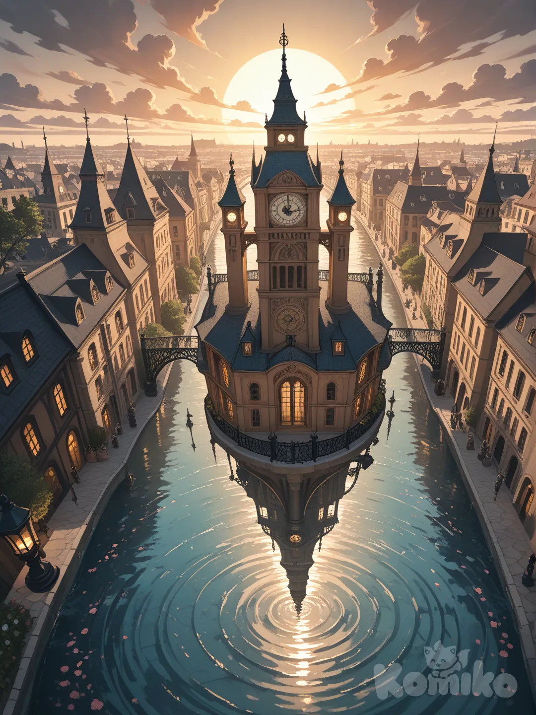 A grand, eagle-eye view of Fontaine city — a sprawling metropolis built atop a vast network of canals, aqueducts, and rivers, blending Baroque and Art Deco architecture with steampunk influences. The city is known for its towering spires and ornate, symmetrical façades, adorned with elegant carvings, water motifs, and intricate tilework.

Buildings:

Tall, multi-layered buildings, with arched windows, balconies with wrought-iron railings, and ornate cornices along the roofs. Each structure has stone carvings of aquatic symbols (fish, waves, water droplets).

Clock towers rise above, featuring large clock faces, with spires reaching toward the sky.

Columns and arches line the streets, with finely decorative reliefs on the upper floors and balustrades on the rooftops.

Bridges:

Multiple arched bridges cross through the canals, their stone and ironwork with floral and mechanical engravings.

Aqueducts with flowing water crisscross above and below the city, directing water into large public fountains and basins scattered through the plazas.

Waterways:

Wide, glassy canals winding through the city, reflecting the towering buildings.

Boats and aquabuses drift along the waterways, with ornate poles to moor vessels. Gentle ripples from the boats cast reflections against the city’s facades.

Street Details:

Cobblestone streets, with highly tiles: intricate patterns featuring floral motifs, geometric shapes, and splashing water symbols along the walkways.

Street lamps cast a soft, warm light, with gas-lit or magical flame bulbs atop bronze poles.

Public Squares and Gardens:

Public squares feature large, tiered fountains, with sculptures of noble figures and water spirits. The water flows down in a cascade, surrounded by lush topiary gardens with elegantly trimmed hedges and ornamental trees that sway in the breeze.

Statues of water deities and heroes of Fontaine’s past stand on pedestals, adding to the grandeur of the city.

Sky and Atmosphere:

The city should be set in the late afternoon or early evening with soft, warm light from a low sun casting long shadows across the buildings and canals.

The sky is filled with dramatic clouds — stormy at the horizon but with rays of light breaking through, giving the scene an air of tension and drama.

Additional Details:

Include steampunk elements: gears, piping systems, and water-powered machinery visible in the background, giving the city a sense of technology fused with nature.

The city should feel alive and bustling, with people walking along the streets, perhaps noble figures in flowing robes or mechanics and engineers in work attire, mingling in the plazas.

The entire scene should feel alive, opulent, and full of intricate detail, yet still tranquil, with a strong emphasis on the city’s connection to water, innovation, and elegance.