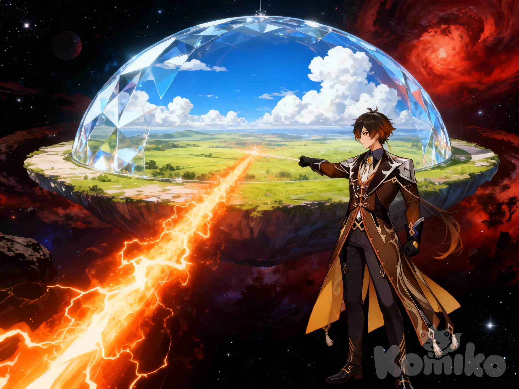 Zhongli shooting a beam at Teyvats fermament