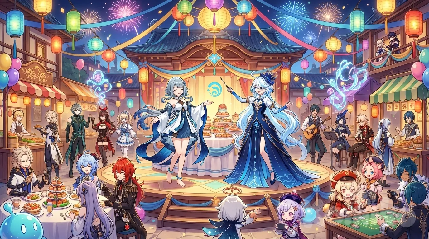 Guizhong and Focalors throwing a Genshin party