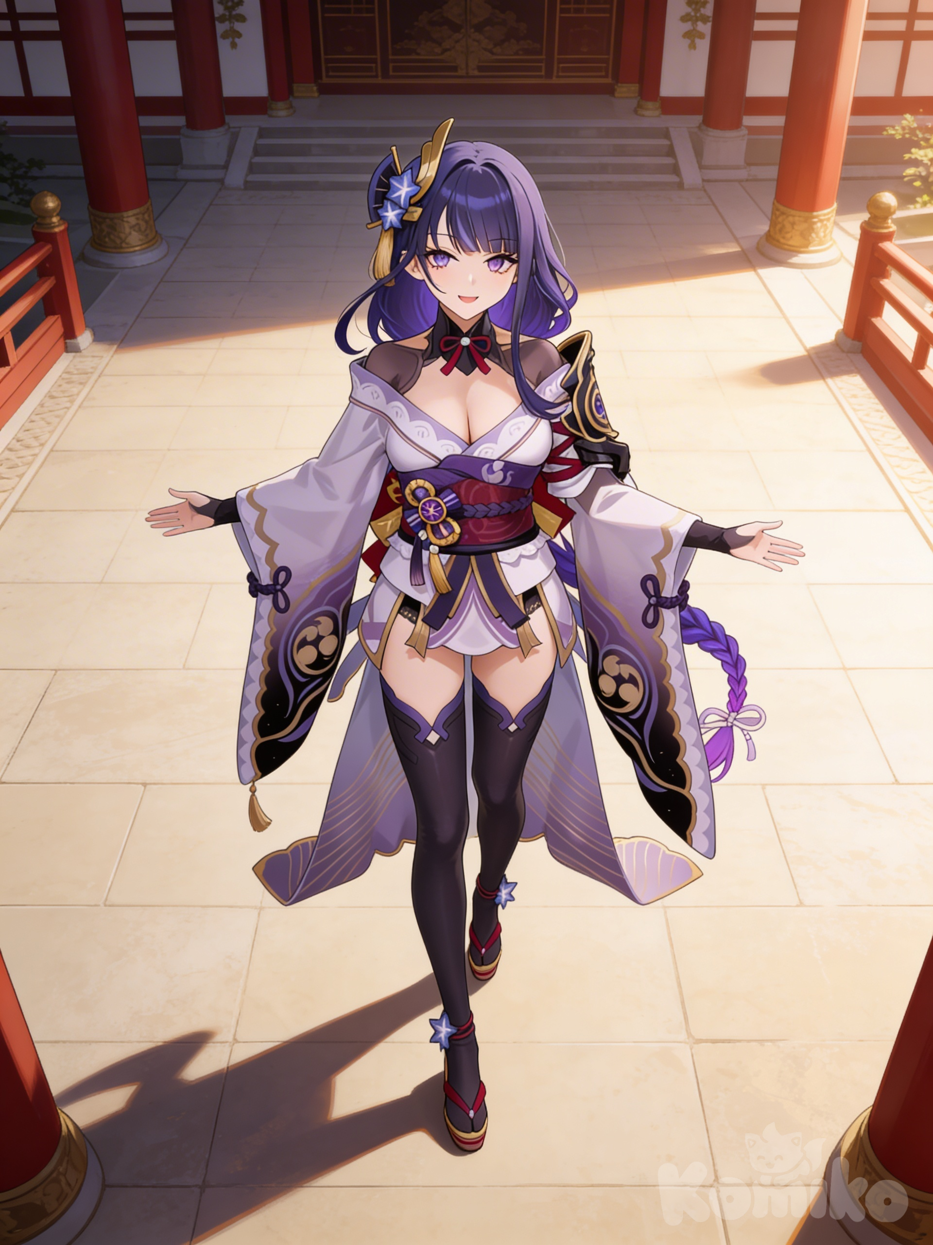 @Raiden_Shogun with a warm smile welcoming us with open arms, full-body view, wide-angle shot, zoomed out