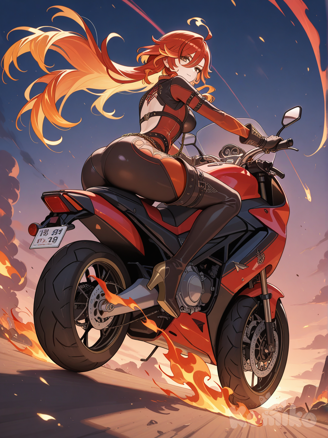 mavuika (genshin impact), wearing a full-body body-hugging biking suit with a big chain running through the middle of it, the suit covers her entire body, while she rides a pyro-infused red-and-black motorbike exuding fire from the back, full-body view, wide-angle shot