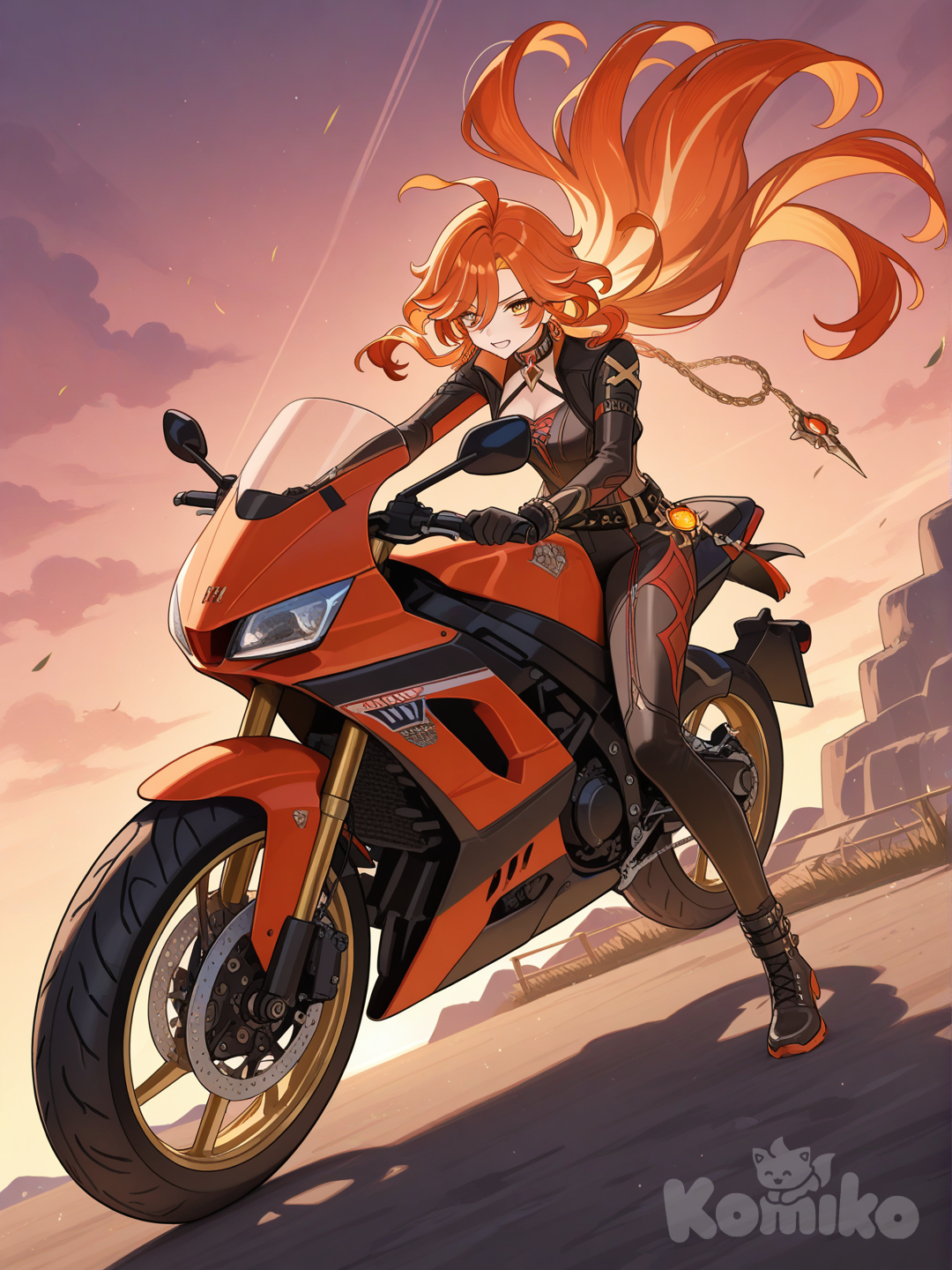 mavuika (genshin impact), wearing a full-body body-hugging biking suit with a big chain running through the middle of it, the suit covers her entire body, while she rides a pyro-infused red-and-black motorbike exuding fire from the back, full-body view, wide-angle shot
