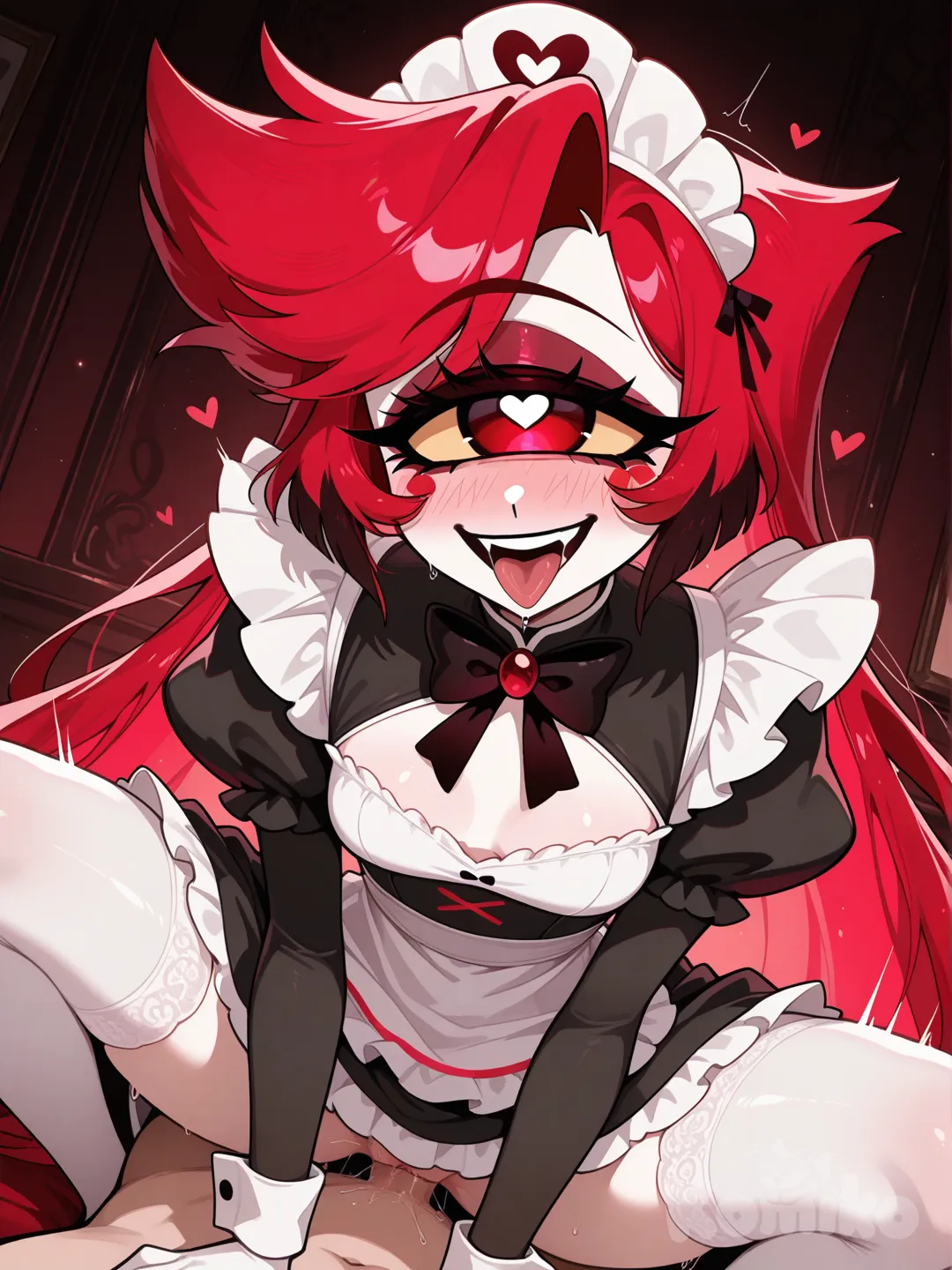 Quiero que muestres a la personaje Niffty de la serie Hazbin Hotel siendo follada en una posición cualquiera mientras tiene una mirada y sonrisa tierna llena de satisfacción, acuérdate de mantener su cabello rojo y corto y su ojo cíclope.