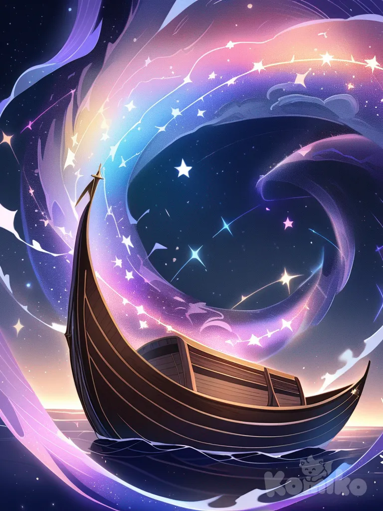 A delicate wooden boat drifts through the endless cosmos, its sails woven from shimmering starlight. The vessel glides not on water, but on the glowing currents of the universe itself, as if sailing across invisible cosmic tides. Stars and constellations are caught in its wake, twinkling like foam on a galactic ocean. Nebulas swirl around the boat in hues of violet, blue, and gold, giving the impression of a dreamlike journey across infinity. The boat shines with a subtle ethereal glow, fragile yet eternal, embodying the spirit of exploration and wonder in a sea of stars.