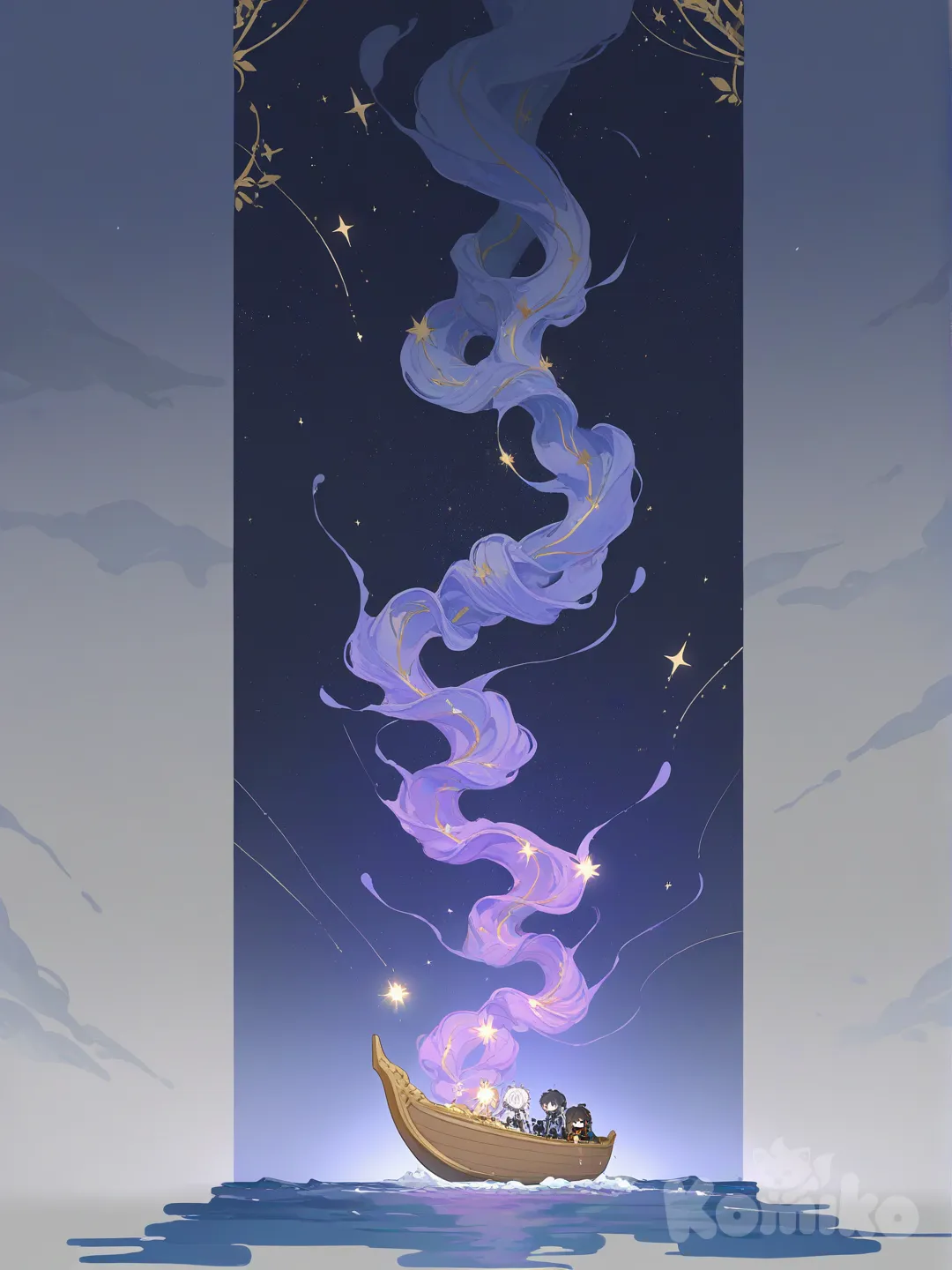 A delicate wooden boat drifts through the endless cosmos, its sails woven from shimmering starlight. The vessel glides not on water, but on the glowing currents of the universe itself, as if sailing across invisible cosmic tides. Stars and constellations are caught in its wake, twinkling like foam on a galactic ocean. Nebulas swirl around the boat in hues of violet, blue, and gold, giving the impression of a dreamlike journey across infinity. The boat shines with a subtle ethereal glow, fragile yet eternal, embodying the spirit of exploration and wonder in a sea of stars.[retro anime style]