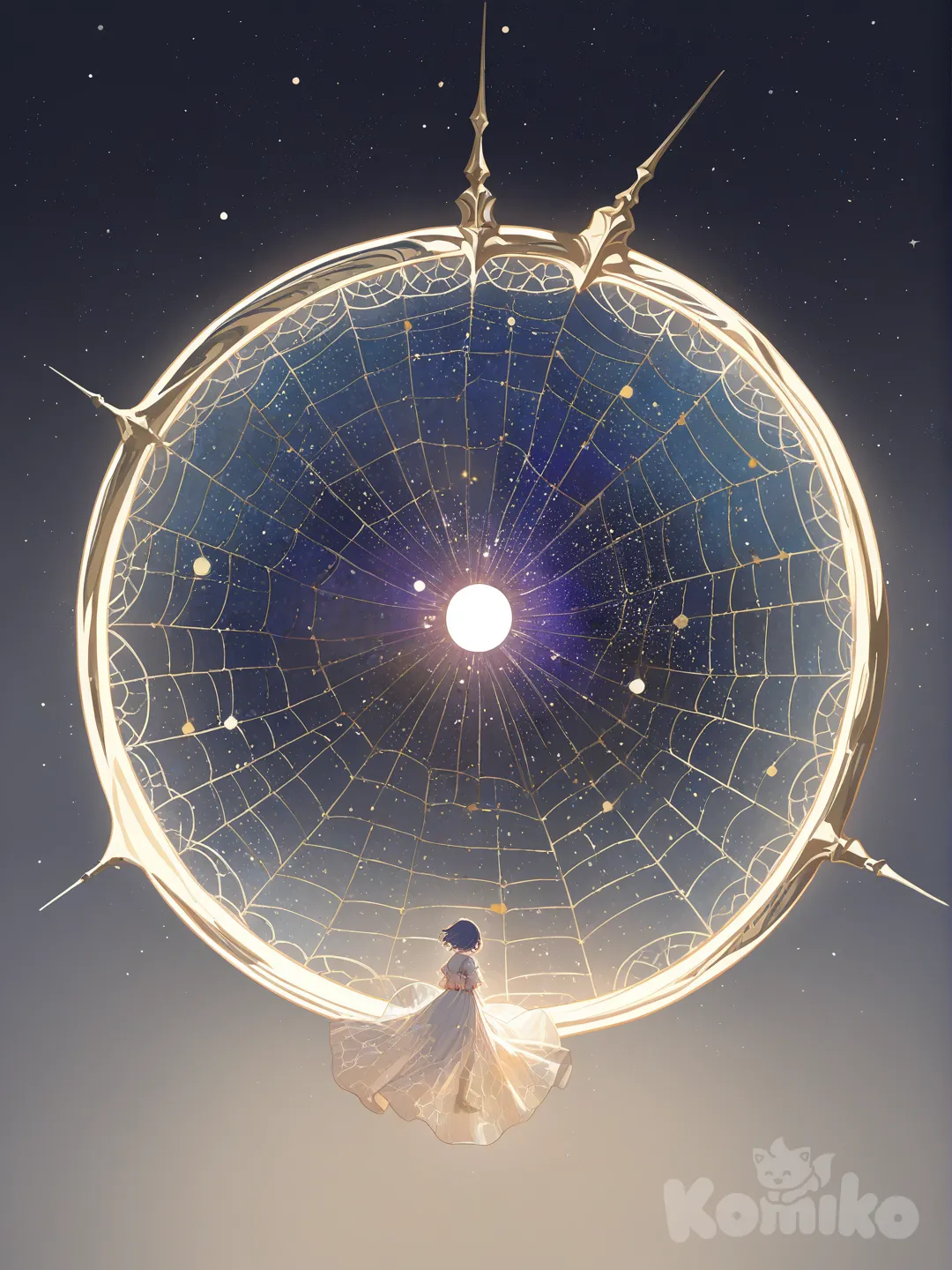 A luminous transparent spider floats gracefully in the vastness of space, weaving its delicate web across a canvas of stars. Each thread of silk glows like silver light, connecting constellations together as if stitching the universe itself. The cosmic web sparkles with captured starlight, reflecting galaxies, nebulas, and distant planets. The spider appears ethereal, almost made of light, standing out against the deep infinite void of space. It is both delicate and powerful — a cosmic weaver, shaping the night sky into patterns of beauty and mystery. [retro anime style]