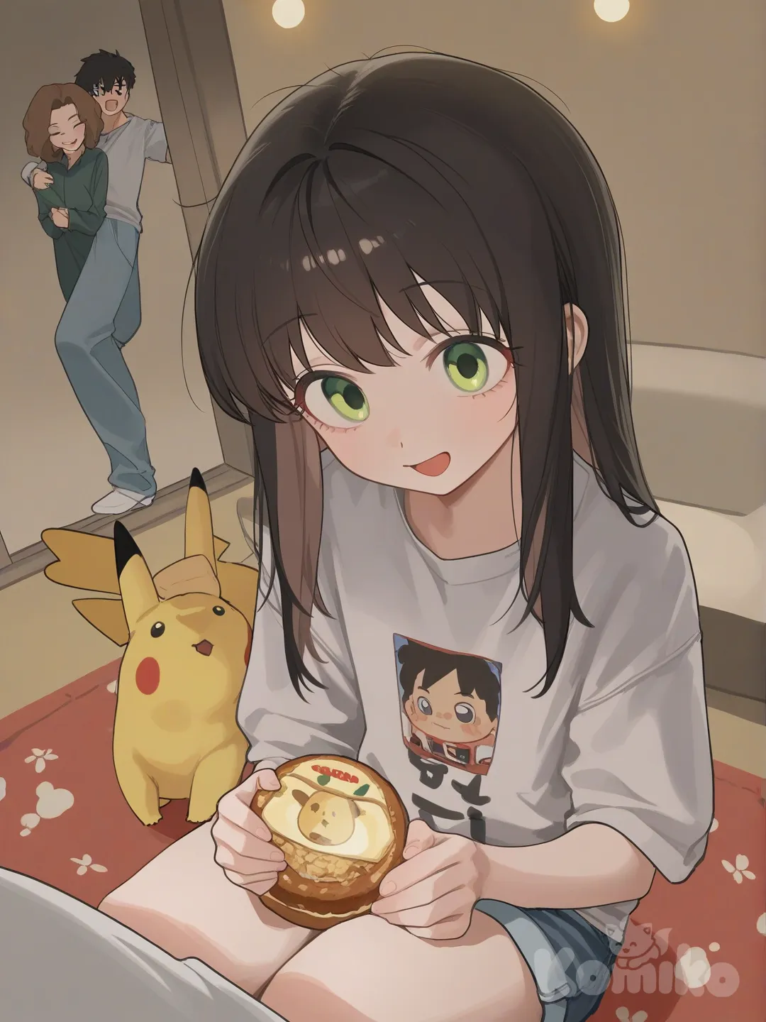 Inside a cozy retro 90s anime living room, the whole family is gathered watching TV together. The atmosphere has warm glowing light, slightly grainy VHS texture, and colorful shading typical of old anime.

The woman: Curly medium-length hair, light brown with natural volume, big expressive green eyes, and a gentle sweet smile. She wears a loose Pokémon T-shirt with a Pikachu print and soft pastel jeans. She looks happy and relaxed, sitting on the floor with her legs crossed.

The husband: A tall man with short straight black hair, calm brown eyes, and a kind expression. He wears a simple gray T-shirt and dark blue jeans, sitting right next to her, slightly leaning back with one hand on the floor.

The children: Two kids are with them.

The older child, a boy around 10 years old, has messy short brown hair and lively hazel eyes. He wears a Dragon Ball Z T-shirt and shorts, sitting forward excitedly.

The younger child, a girl around 6 years old, has shoulder-length straight black hair with bangs, big bright green eyes, and a cute pink dress. She holds a plush toy and leans against her mom.

The Chihuahua: A tiny light-brown Chihuahua with big ears and shiny eyes sits proudly beside the family, almost like another child, looking at the TV.

The TV screen: On the old square TV, the anime Spy x Family is playing, but in a retro 90s hand-drawn anime style. The glow of the screen lights up the family’s faces.

The room: A soft retro Japanese-style living room, with a wooden table, a patterned rug, and shelves with VHS tapes and old anime figures in the background, giving a nostalgic warm vibe.[retro style]