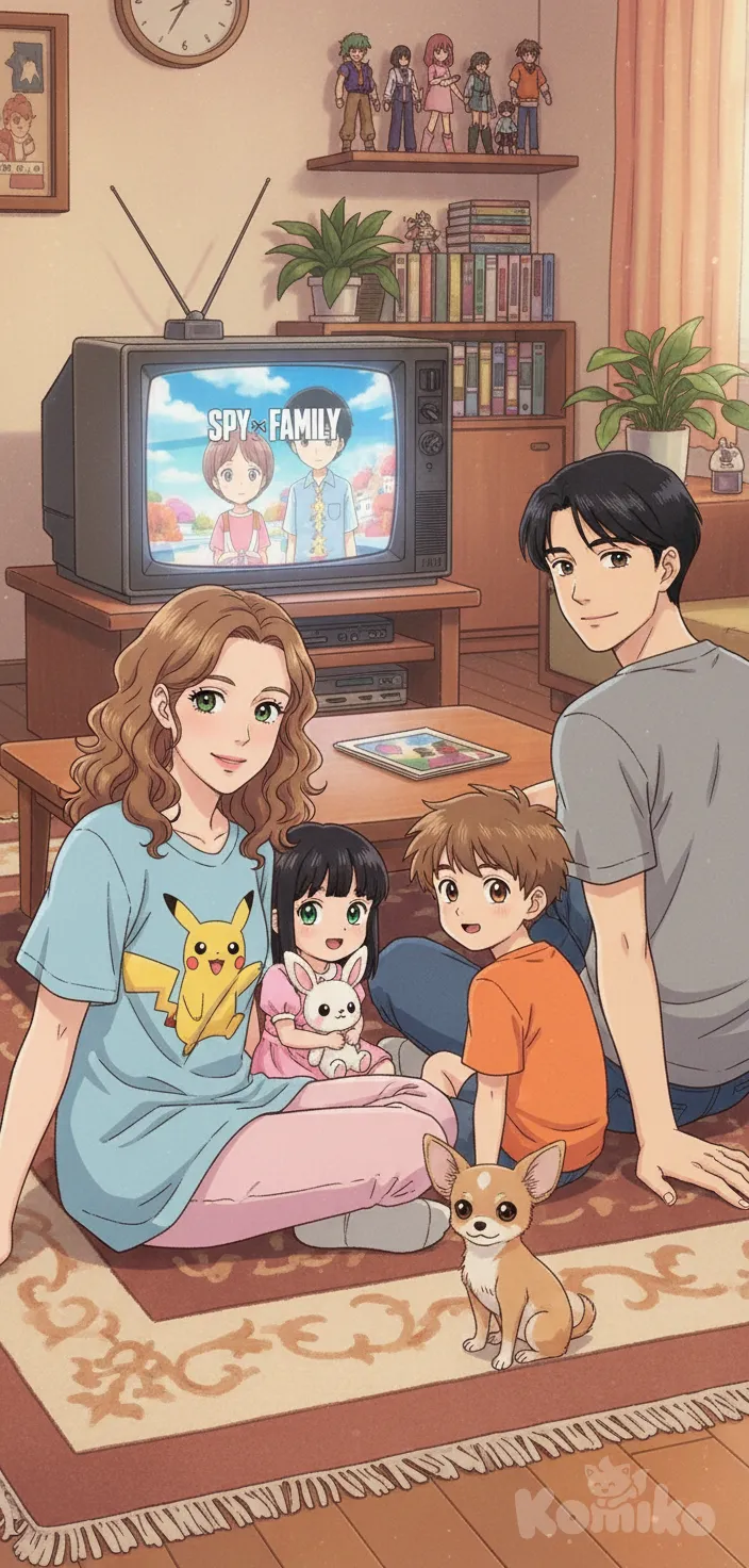 Inside a cozy retro 90s anime living room, the whole family is gathered watching TV together. The atmosphere has warm glowing light, slightly grainy VHS texture, and colorful shading typical of old anime.

The woman: Curly medium-length hair, light brown with natural volume, big expressive green eyes, and a gentle sweet smile. She wears a loose Pokémon T-shirt with a Pikachu print and soft pastel jeans. She looks happy and relaxed, sitting on the floor with her legs crossed.

The husband: A tall man with short straight black hair, calm brown eyes, and a kind expression. He wears a simple gray T-shirt and dark blue jeans, sitting right next to her, slightly leaning back with one hand on the floor.

The children: Two kids are with them.

The older child, a boy around 10 years old, has messy short brown hair and lively hazel eyes. He wears a Dragon Ball Z T-shirt and shorts, sitting forward excitedly.

The younger child, a girl around 6 years old, has shoulder-length straight black hair with bangs, big bright green eyes, and a cute pink dress. She holds a plush toy and leans against her mom.

The Chihuahua: A tiny light-brown Chihuahua with big ears and shiny eyes sits proudly beside the family, almost like another child, looking at the TV.

The TV screen: On the old square TV, the anime Spy x Family is playing, but in a retro 90s hand-drawn anime style. The glow of the screen lights up the family’s faces.

The room: A soft retro Japanese-style living room, with a wooden table, a patterned rug, and shelves with VHS tapes and old anime figures in the background, giving a nostalgic warm vibe., anime style