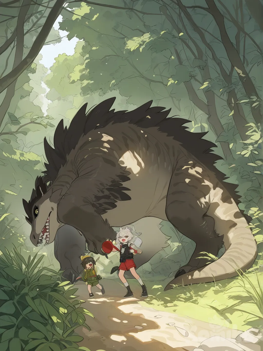 A cinematic scene of a gentle human hand offering fresh green leaves to a fluffy baby Therizinosaurus. The little dinosaur, with oversized claws and soft downy feathers, carefully takes the food, tilting its head curiously. Sunlight filters through the prehistoric jungle, highlighting the creature’s big innocent eyes and tiny movements. The camera slowly zooms in, capturing the tender moment in breathtaking movie quality.[retro style]