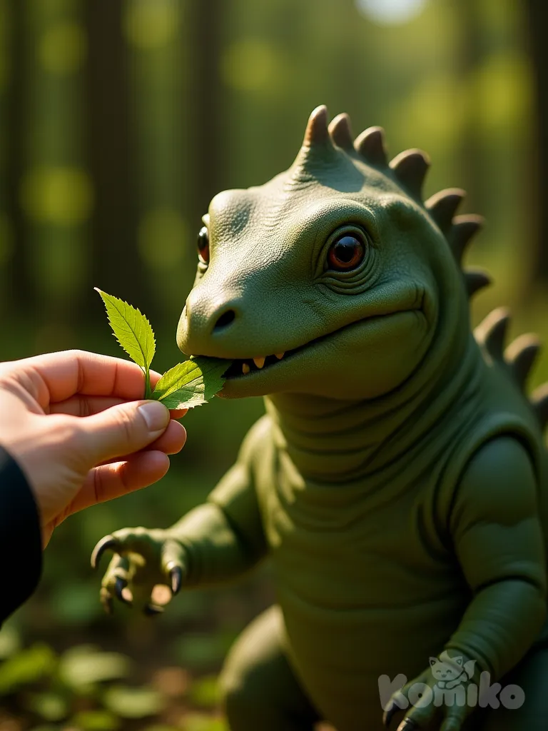 A cinematic scene of a person gently feeding a baby Iguanodon with tender leaves. The young dinosaur, with a small thumb spike and smooth greenish skin, leans forward curiously, nibbling the plants with bright innocent eyes. Sunlight streams through the prehistoric forest, glimmering over its soft features. The camera slowly pans closer, capturing the warmth and tenderness of this moment in breathtaking movie quality.