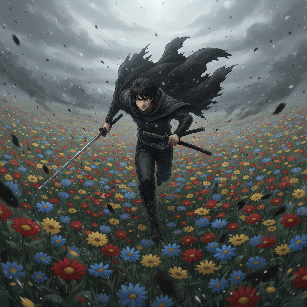 AAA cinematic style inspired by Final Fantasy. The camera begins with a tight close-up on the young man’s face as he sprints across a vast field of flowers. His expression is tense, sweat mixing with the ash that falls softly from the gray sky, clinging to his skin and hair. Every breath is heavy, visible in the cold air, and his green eyes flicker with both fear and determination. The wind whips strands of his hair into his face as the camera tracks alongside him, capturing the raw intensity of his struggle. The field around him blurs into streaks of color while the ashes float downward in slow motion, framing his anguish like fragments of a dying world. His sword glints faintly with each movement, a reminder of the burden he carries. The sound of his footsteps pounding against the earth echoes with urgency, while the atmosphere is drenched in melancholy, a perfect balance of beauty and despair."

Scene 2 – Wide Shot
"AAA cinematic style inspired by Final Fantasy. The perspective shifts to a sweeping wide shot, revealing the full expanse of the flower field stretching endlessly under a dim, ash-filled sky. The protagonist is now a lone figure racing through this breathtaking yet tragic landscape, his sword clutched tightly in one hand as his cloak flutters violently behind him. Ashes fall like fragile snow, settling over the vibrant flowers, staining them in shades of gray. The camera glides high above, then swoops low in a dynamic motion, emphasizing the contrast between the overwhelming beauty of the natural scenery and the despair etched into his relentless run. The scene captures a sense of loneliness and epic scale, as if the weight of an entire collapsing world rests on his shoulders. The silence of the vast field is broken only by the echo of his hurried steps, making his struggle feel both heroic and deeply sorrowful."
Scene 3 – Close-up of the Dragon
"AAA cinematic style inspired by Final Fantasy. The camera pushes in on the face of a colossal dragon formed entirely from swirling black ash. Its body is a shifting storm of particles, scales appearing and dissolving with every movement, as if it were made of living smoke. The focus locks on its glowing, molten eyes—ancient, intelligent, and filled with a quiet menace—as they narrow to observe the young warrior in the distance. Ash cascades from its wings like burning snow, covering the air around it. The close-up captures every detail: the slow curl of its lip revealing jagged, ember-like teeth, the tremor of power in its breath, and the chilling silence of a predator watching, waiting. The scene is suffused with dread and grandeur, as the camera lingers on the dragon’s gaze, which burns with both wrath and inevitability."

Scene 4 – Wide shot from the Dragon’s Perspective
"AAA cinematic style inspired by Final Fantasy. The camera shifts to a wide, high angle as though from the dragon’s point of view, overlooking the endless field of flowers below. Ash falls steadily like black snow, soft and haunting, blanketing the colorful blossoms with a veil of gray. The vast landscape is silent and empty, the young man nowhere in sight—only the sweeping beauty of the field contrasted with the ominous weight of the falling ash. The horizon is shrouded in mist, and the sky churns with dark clouds that glow faintly with the fire of distant lightning. From this vantage point, the flowers sway gently under the falling ash, a hauntingly serene vision that feels both breathtaking and apocalyptic, as though the world itself is under the watch of something far greater and merciless. The atmosphere conveys a solemn stillness, a pause before inevitable devastation."