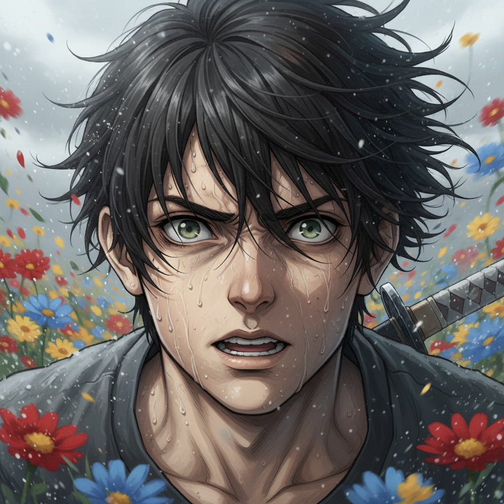 AAA cinematic style inspired by Final Fantasy. The camera begins with a tight close-up on the young man’s face as he sprints across a vast field of flowers. His expression is tense, sweat mixing with the ash that falls softly from the gray sky, clinging to his skin and hair. Every breath is heavy, visible in the cold air, and his green eyes flicker with both fear and determination. The wind whips strands of his hair into his face as the camera tracks alongside him, capturing the raw intensity of his struggle. The field around him blurs into streaks of color while the ashes float downward in slow motion, framing his anguish like fragments of a dying world. His sword glints faintly with each movement, a reminder of the burden he carries. The sound of his footsteps pounding against the earth echoes with urgency, while the atmosphere is drenched in melancholy, a perfect balance of beauty and despair."

Scene 2 – Wide Shot
"AAA cinematic style inspired by Final Fantasy. The perspective shifts to a sweeping wide shot, revealing the full expanse of the flower field stretching endlessly under a dim, ash-filled sky. The protagonist is now a lone figure racing through this breathtaking yet tragic landscape, his sword clutched tightly in one hand as his cloak flutters violently behind him. Ashes fall like fragile snow, settling over the vibrant flowers, staining them in shades of gray. The camera glides high above, then swoops low in a dynamic motion, emphasizing the contrast between the overwhelming beauty of the natural scenery and the despair etched into his relentless run. The scene captures a sense of loneliness and epic scale, as if the weight of an entire collapsing world rests on his shoulders. The silence of the vast field is broken only by the echo of his hurried steps, making his struggle feel both heroic and deeply sorrowful."
Scene 3 – Close-up of the Dragon
"AAA cinematic style inspired by Final Fantasy. The camera pushes in on the face of a colossal dragon formed entirely from swirling black ash. Its body is a shifting storm of particles, scales appearing and dissolving with every movement, as if it were made of living smoke. The focus locks on its glowing, molten eyes—ancient, intelligent, and filled with a quiet menace—as they narrow to observe the young warrior in the distance. Ash cascades from its wings like burning snow, covering the air around it. The close-up captures every detail: the slow curl of its lip revealing jagged, ember-like teeth, the tremor of power in its breath, and the chilling silence of a predator watching, waiting. The scene is suffused with dread and grandeur, as the camera lingers on the dragon’s gaze, which burns with both wrath and inevitability."

Scene 4 – Wide shot from the Dragon’s Perspective
"AAA cinematic style inspired by Final Fantasy. The camera shifts to a wide, high angle as though from the dragon’s point of view, overlooking the endless field of flowers below. Ash falls steadily like black snow, soft and haunting, blanketing the colorful blossoms with a veil of gray. The vast landscape is silent and empty, the young man nowhere in sight—only the sweeping beauty of the field contrasted with the ominous weight of the falling ash. The horizon is shrouded in mist, and the sky churns with dark clouds that glow faintly with the fire of distant lightning. From this vantage point, the flowers sway gently under the falling ash, a hauntingly serene vision that feels both breathtaking and apocalyptic, as though the world itself is under the watch of something far greater and merciless. The atmosphere conveys a solemn stillness, a pause before inevitable devastation."