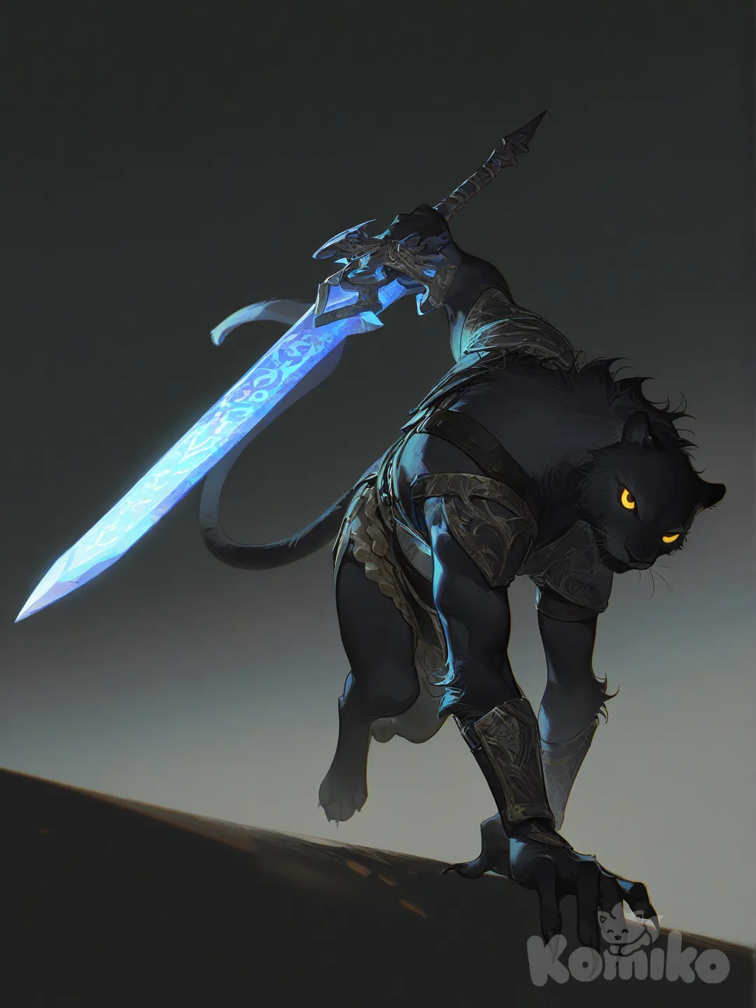 A fierce black panther warrior stands poised in an attack stance, his muscular body covered in sleek, midnight fur that shimmers under dim light. He wears ancient tribal armor made of bronze and leather, decorated with mystic symbols glowing faintly blue. In one hand, he grips a curved sword with a silver blade and glowing runes along its edge; his other clawed hand is ready to strike. His eyes burn with golden intensity, and a faint mist swirls around his feet as he prepares to leap. The scene captures a blend of raw animal power and noble warrior spirit, perfect for fantasy or action settings., [high-contrast-glossy-style]