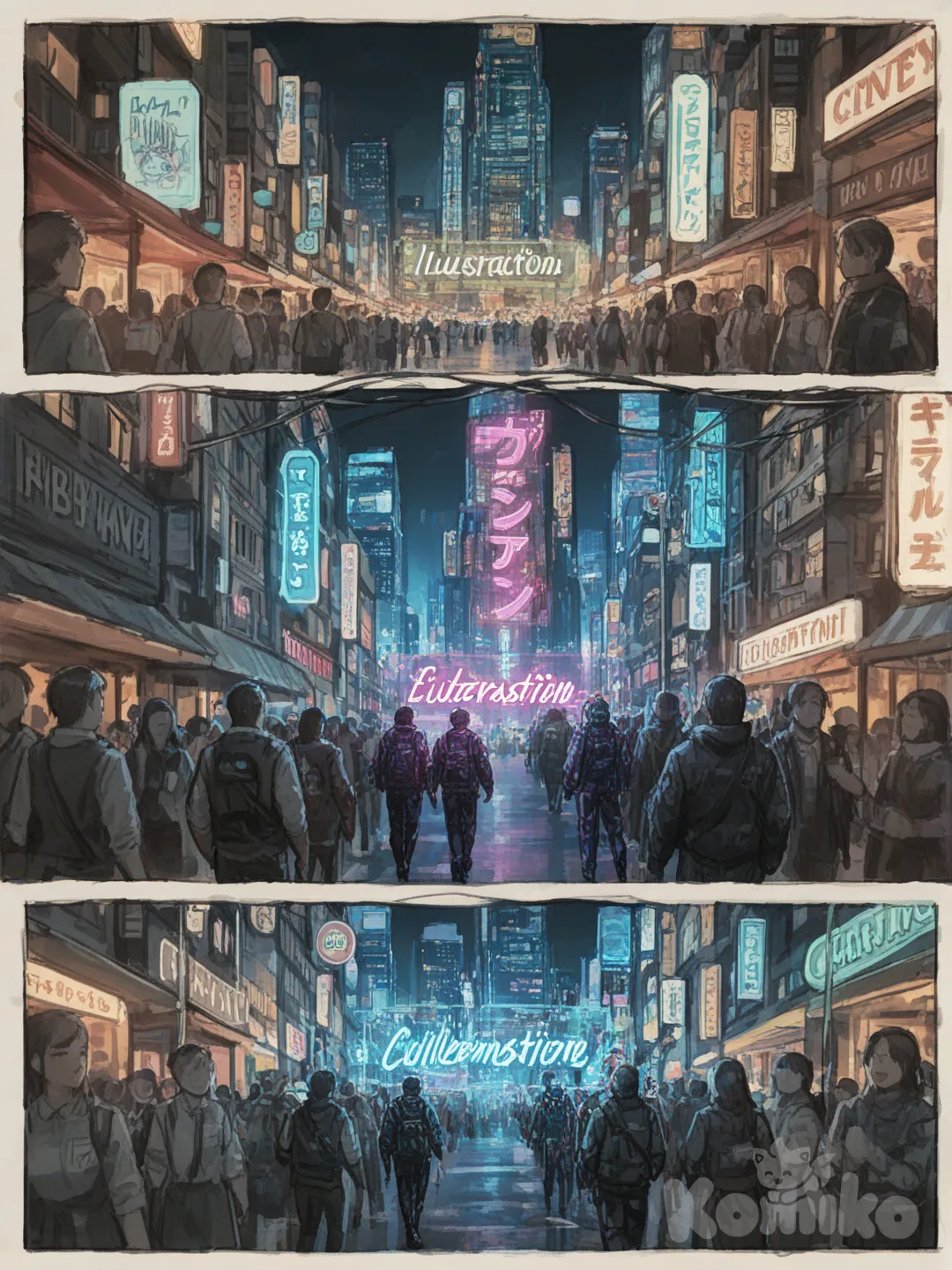 A hand-drawn futuristic city spreads across the scene like a classic comic book panel. Towering skyscrapers curve with retro-sci-fi shapes, neon signs glow with sketchy strokes, and flying cars zip between buildings leaving rough ink trails. Pedestrians in stylized tech outfits walk along elevated walkways, while cables, antennas and holograms fill the skyline. The whole atmosphere blends gritty line work with vibrant comic-style energy, as if the future was illustrated on paper., [soft-painterly-style]