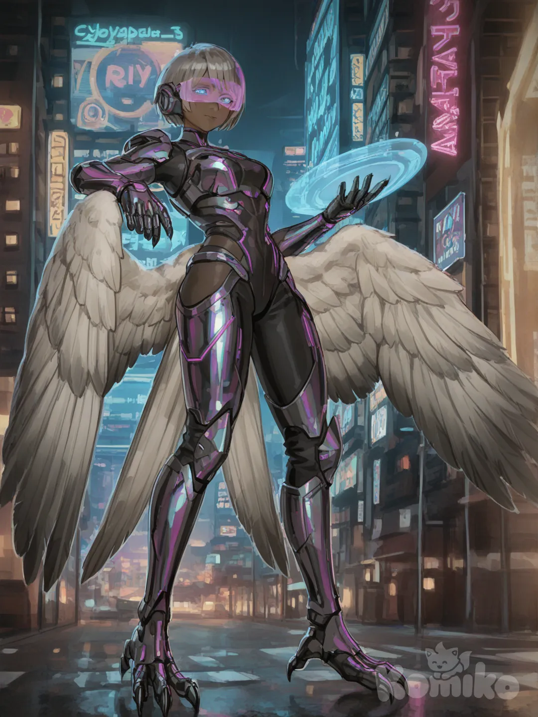 A sleek harpy woman stands poised in a futuristic cyberpunk city, her feathered arms forming powerful gray-and-white wings. Her eyes glow electric blue, contrasting with her dark metallic armor that wraps around her body in segmented plates. Neon lines run across the armor in turquoise and purple, pulsing like circuitry. Her taloned feet grip the ground with precision, and a holographic visor hovers above her face. The wings shimmer with subtle iridescence as she prepares for flight, blending avian elegance and high-tech design in a bold 3D hero look., [soft-painterly-style]