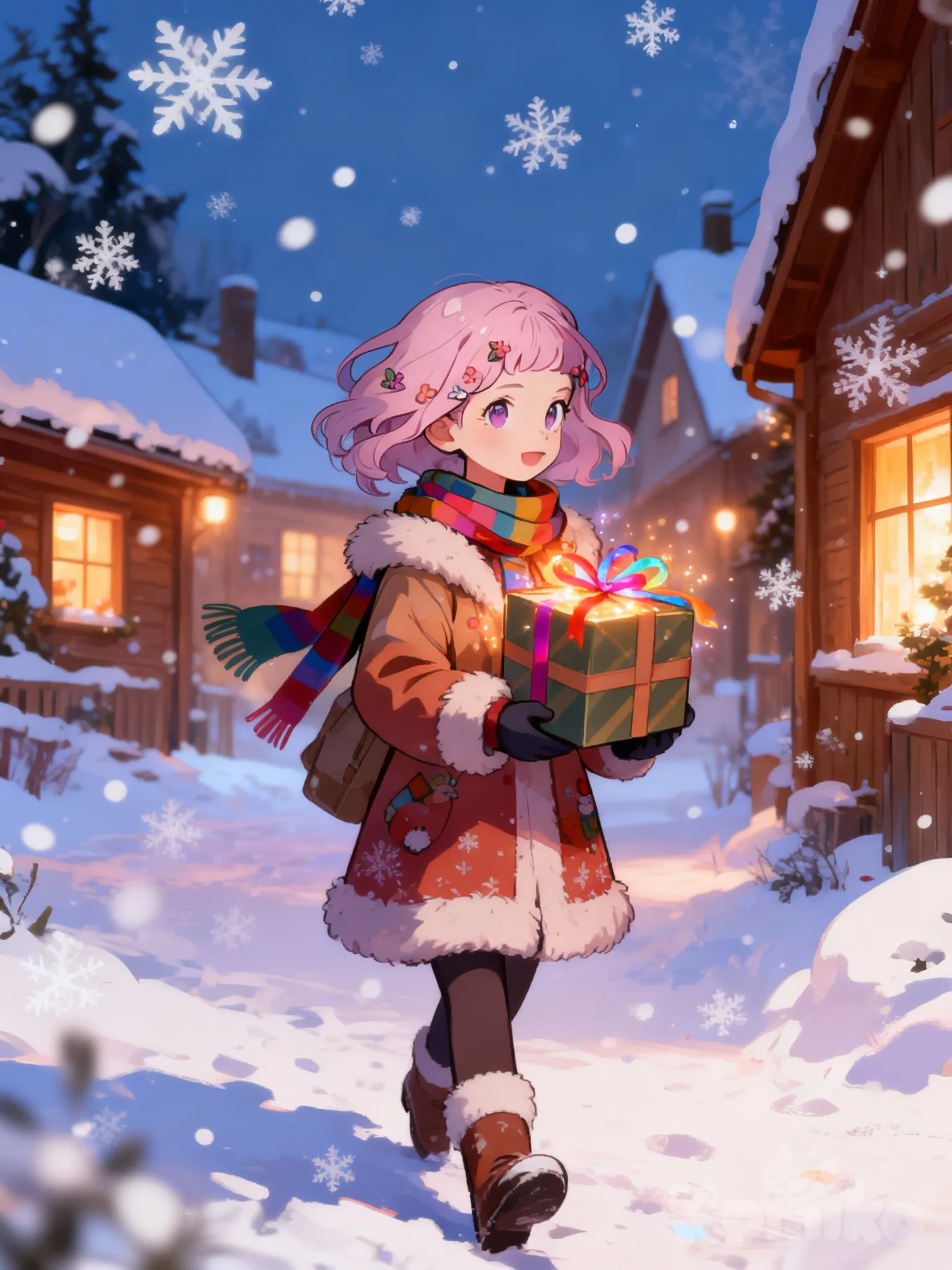 @AyakaShiori-9dfr walks slowly through a snowy village, wearing festive Christmas clothing and accessories. A warm coat trimmed with fur, scarves, and holiday details cover their outfit. The character carries wrapped presents in their arms, some glowing softly with colorful ribbons. Snow falls gently from the sky, large flakes drifting around as they crunch underfoot. Wooden houses line the village streets, their rooftops covered in fresh snow and glowing with warm lights from the windows. The scene feels cozy, magical, and full of holiday spirit as the character continues forward through the winter snowfall.