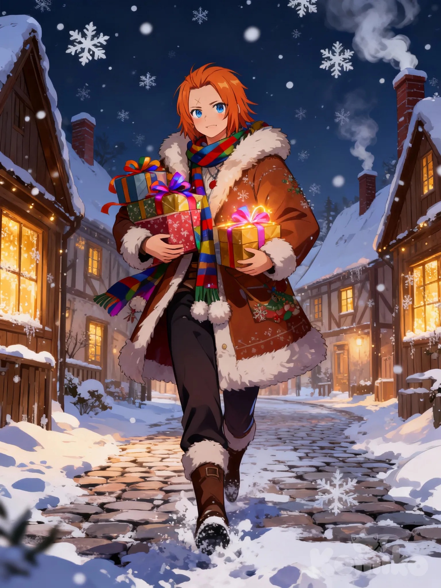 @lancelot-tolenal-aPSr walks slowly through a snowy village, wearing festive Christmas clothing and accessories. A warm coat trimmed with fur, scarves, and holiday details cover their outfit. The character carries wrapped presents in their arms, some glowing softly with colorful ribbons. Snow falls gently from the sky, large flakes drifting around as they crunch underfoot. Wooden houses line the village streets, their rooftops covered in fresh snow and glowing with warm lights from the windows. The scene feels cozy, magical, and full of holiday spirit as the character continues forward through the winter snowfall.