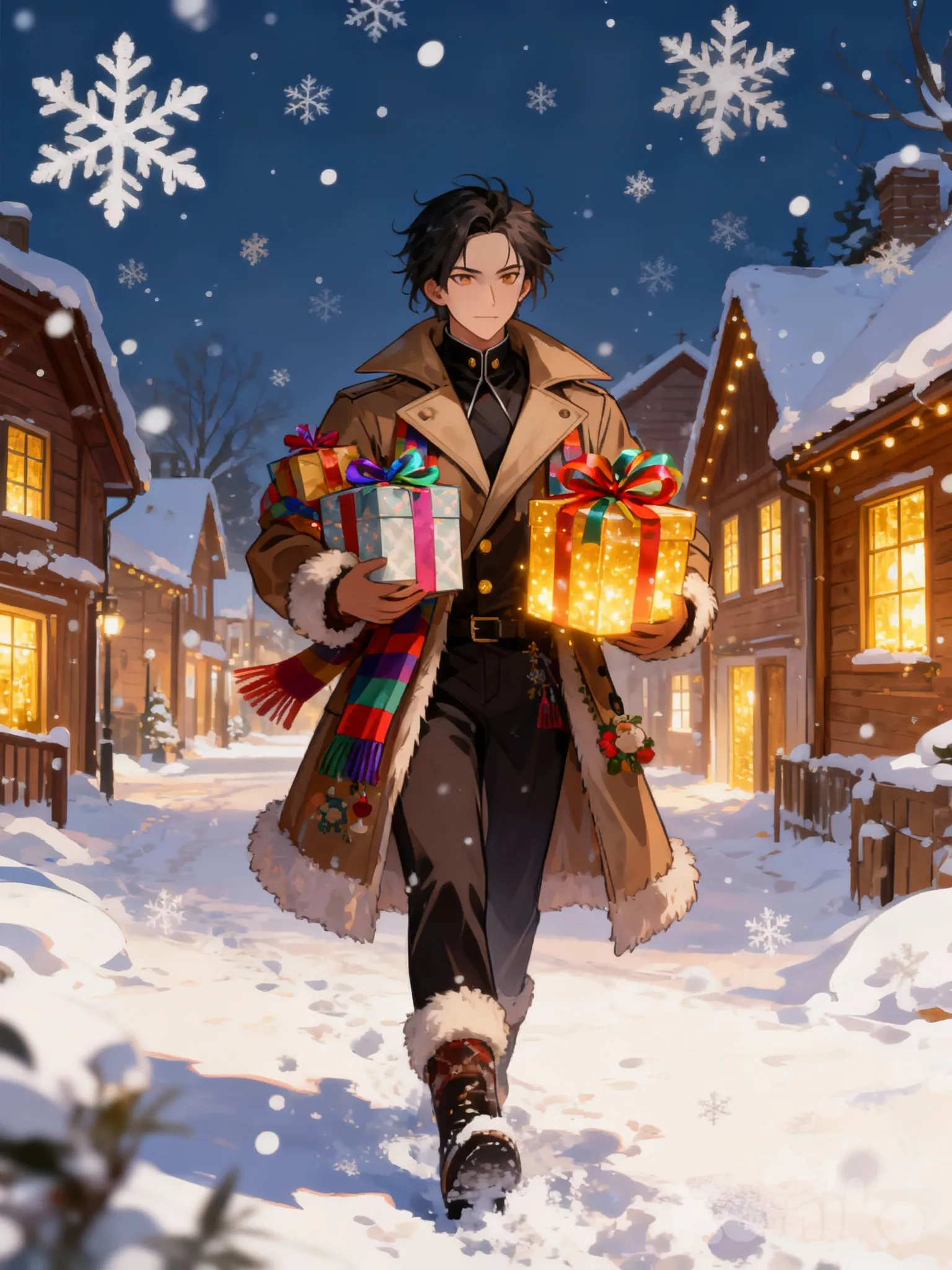 @KaelDraven-6ct9 walks slowly through a snowy village, wearing festive Christmas clothing and accessories. A warm coat trimmed with fur, scarves, and holiday details cover their outfit. The character carries wrapped presents in their arms, some glowing softly with colorful ribbons. Snow falls gently from the sky, large flakes drifting around as they crunch underfoot. Wooden houses line the village streets, their rooftops covered in fresh snow and glowing with warm lights from the windows. The scene feels cozy, magical, and full of holiday spirit as the character continues forward through the winter snowfall.