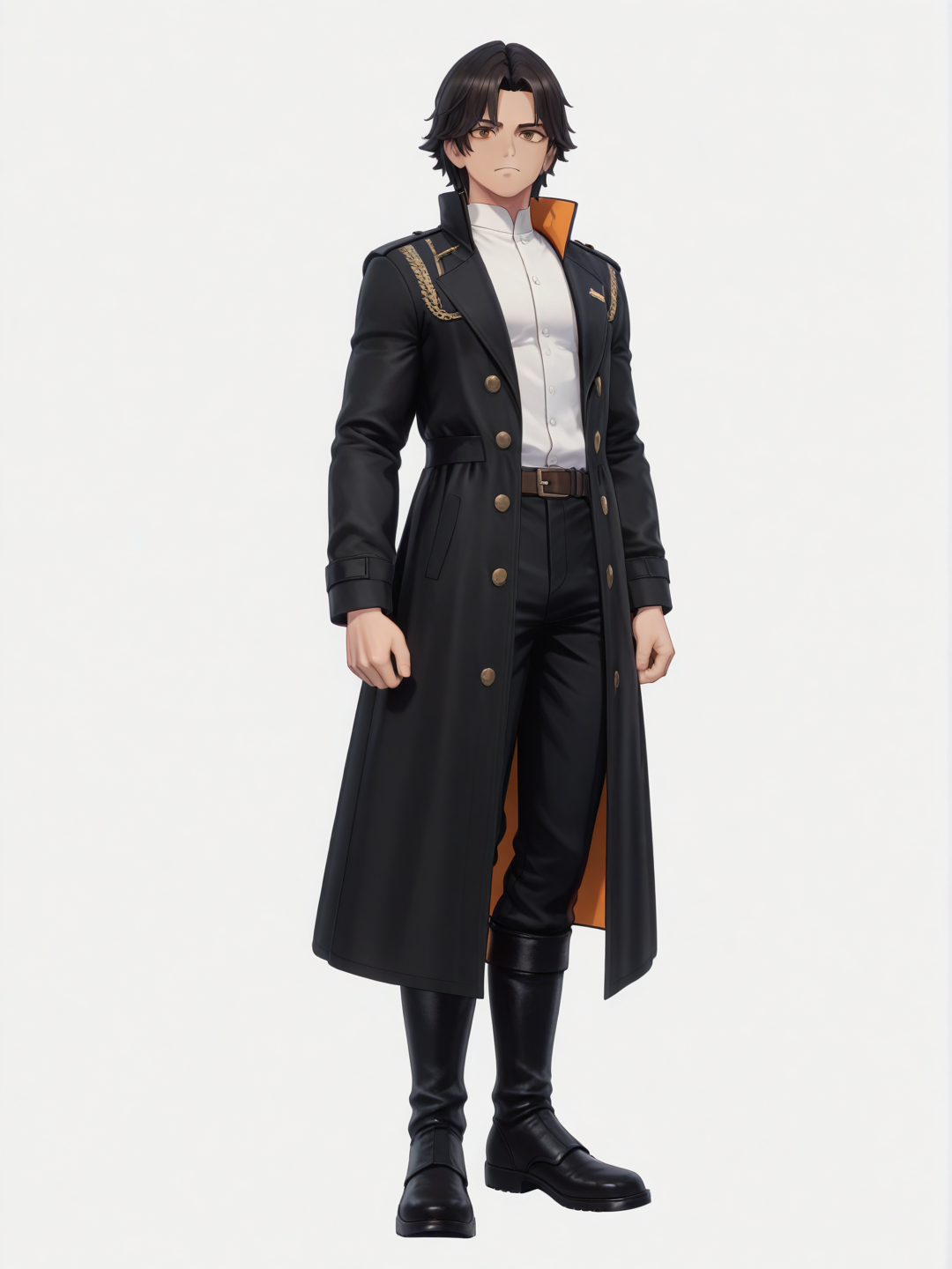 1boy, tall, confident male, short dark hair, brown eyes, focused expression, mid-30s, modern long coat, subtle tech details on clothing, high-collar shirt, reinforced boots, corporate elegant style, explorer vibe, calm commanding posture, single character, full body, looking at viewer, anime style, simple background, white background