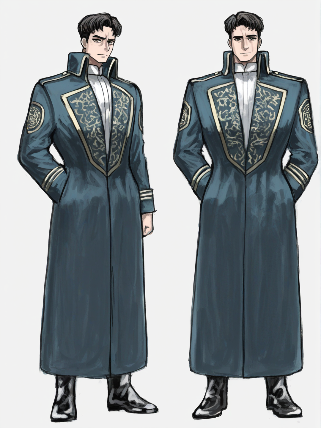 [sketchy-painterly-style] 1boy, tall, confident male, short dark hair, brown eyes, focused expression, mid-30s, modern long coat, subtle tech details on clothing, high-collar shirt, reinforced boots, corporate elegant style, explorer vibe, calm commanding posture, single character, full body, looking at viewer, anime style, simple background, white background