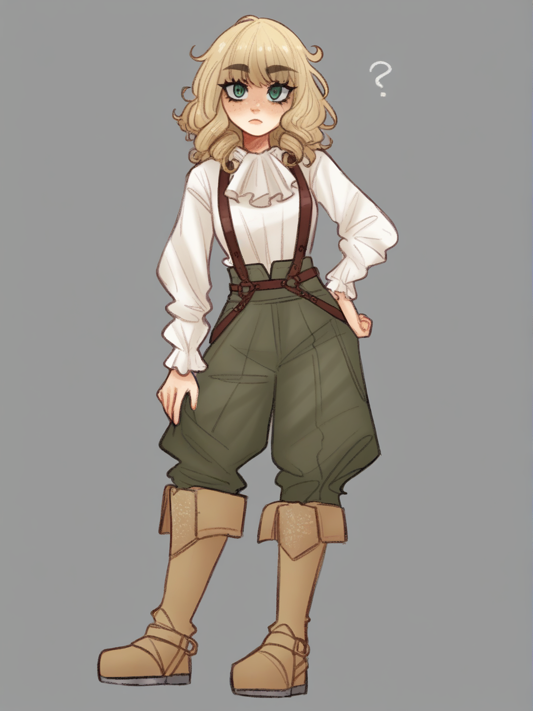 [soft-shaded-moe-style] 1girl, blonde_hair, curly_hair, green_eyes, early_30s, lightweight_expedition_clothing, natural_tones_clothing, practical_boots, biological_field_equipment, gentle_expression, natural_appearance, focused_expression, single character, full body, looking at viewer, anime style, simple background, white background