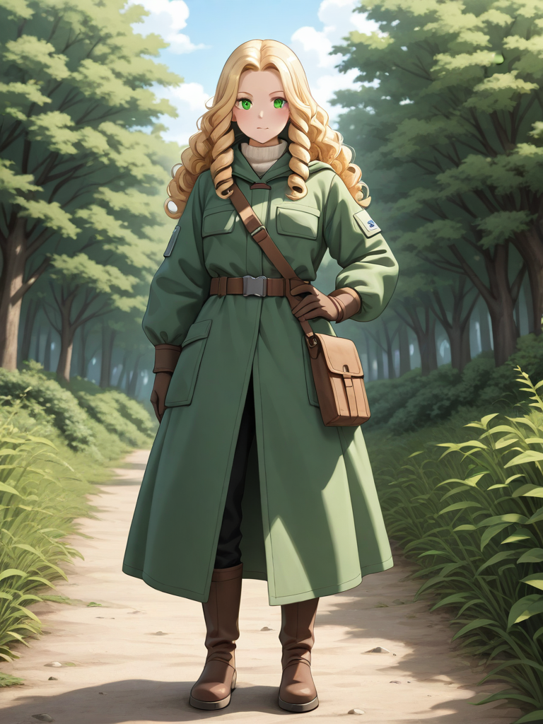 The BiologistRole: Field BiologistAge: Early 30sVisual Description (English): is a blonde woman with curly hair and vivid green eyes. She wears lightweight expedition clothing in natural tones, practical boots, and carries biological field equipment. Her appearance remains exactly as described: gentle, natural, and focused.Personality:Empathetic, brave, and deeply connected to living ecosystems. She values balance between discovery and preservation., mature