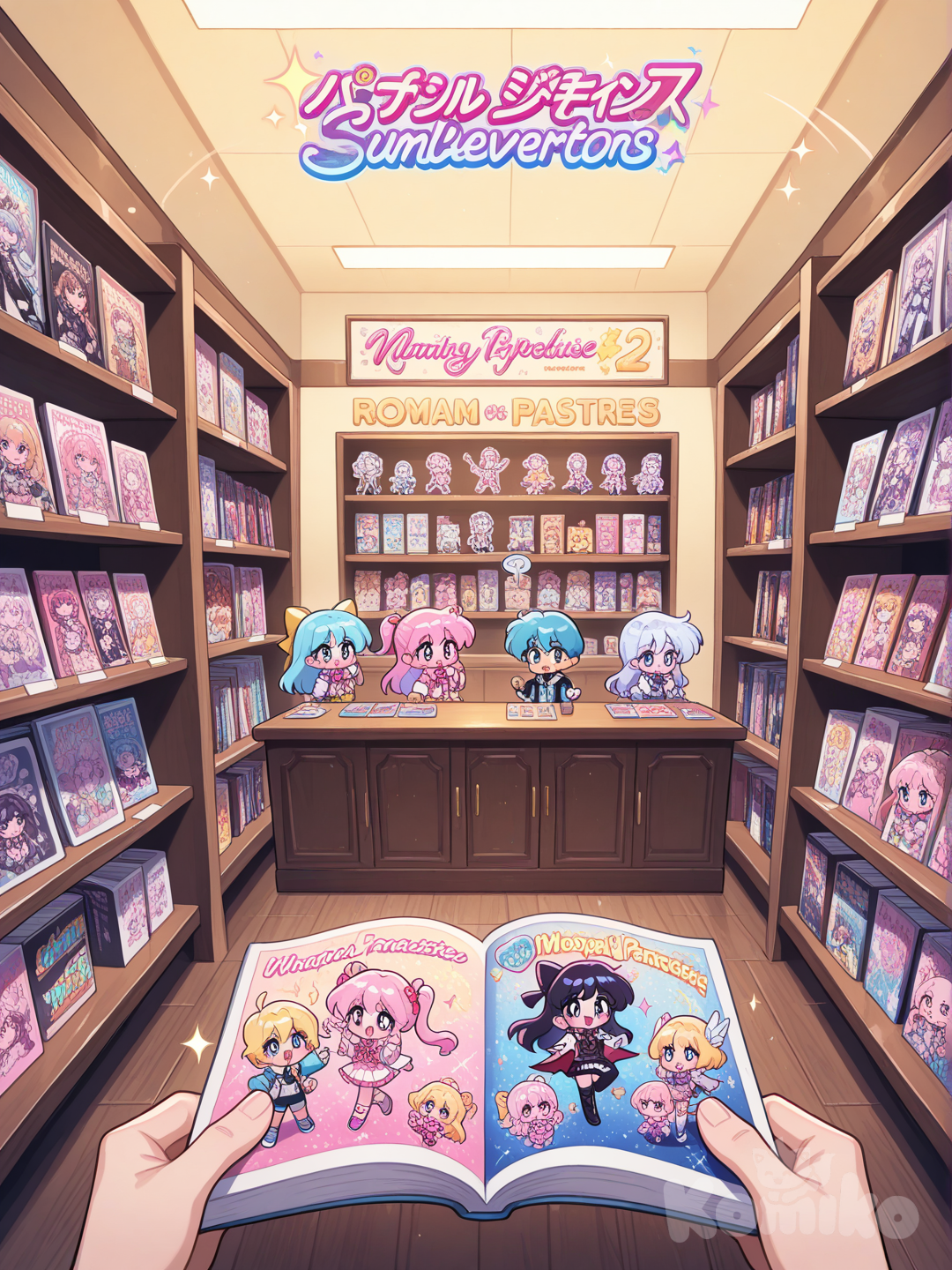A vibrant, dream-like comic market unfolds in rich anime style, glowing with warm, magical light. Rows of colorful shelves are overflowing with comics, manga, action figures, retro games, and rare collector’s items. Neon signs shaped like speech bubbles and chibi heroes illuminate the aisles with soft blues, pinks, and yellows. Posters of original superheroes and fantasy characters adorn the walls, fluttering slightly as if alive. In the center, a wide aisle leads to a showcase filled with shimmering limited-edition volumes, their covers sparkling with holographic effects. Excited customers—drawn in expressive anime style—browse the shelves, trading recommendations and admiring treasures. Floating sparkles add a dreamy, whimsical touch, while the cozy wooden counter is decorated with stickers, pins, and a retro cash register. The whole scene feels like the ultimate paradise for comic lovers: colorful, nostalgic, magical, and packed with personality—an anime-inspired dream shop brought to life.