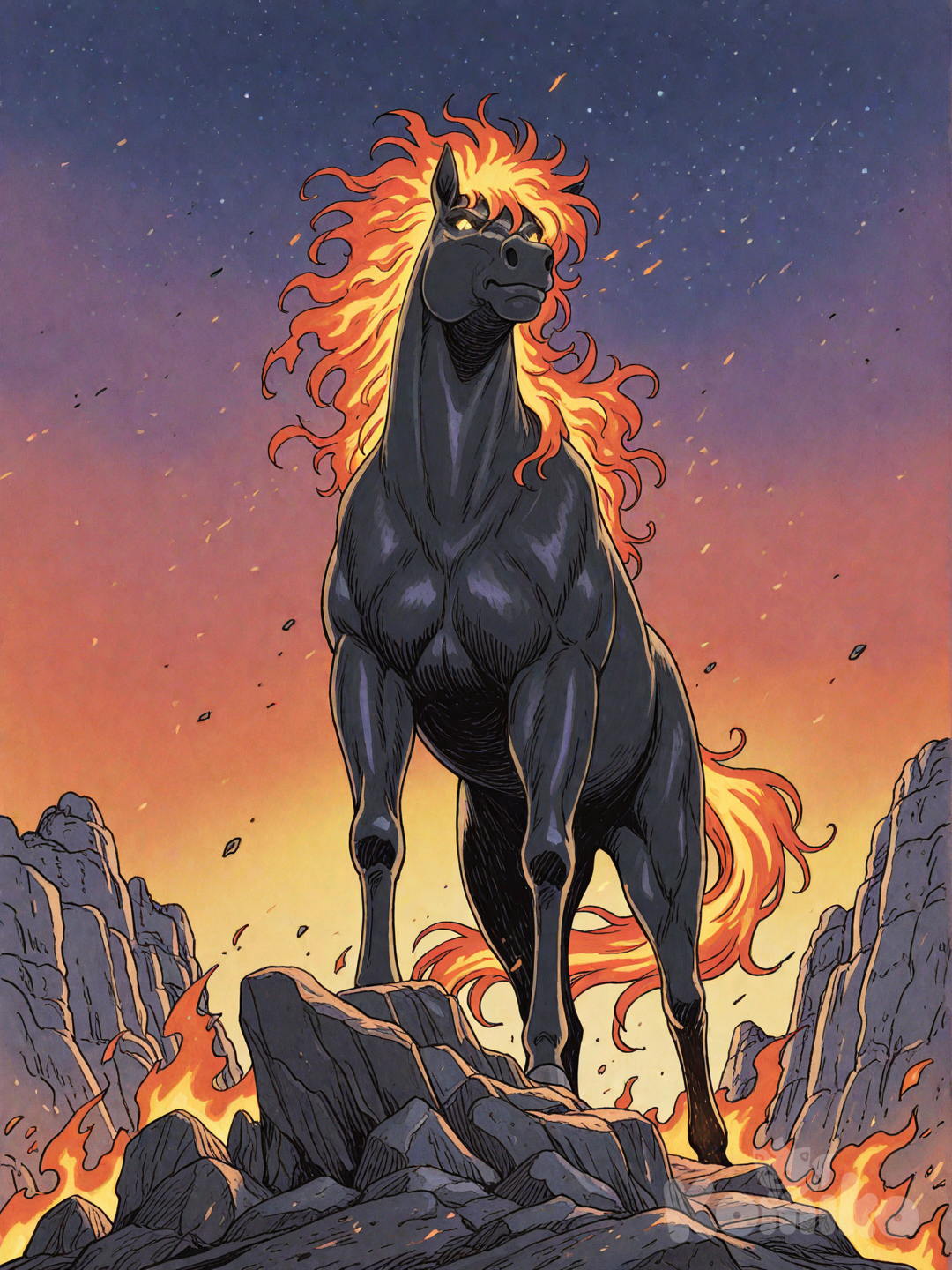 A majestic black fire steed stands proudly atop a rocky cliff, its silhouette bold and powerful against a twilight sky. Its body is sleek and muscular, coated in deep charcoal black that reflects hints of purple and crimson like polished obsidian. The mane and tail blaze with living fire — bright orange, golden, and red flames flowing upward as if defying gravity, flickering with that nostalgic 80s anime glow. The eyes burn with a fierce inner light, a vibrant molten gold that radiates intensity and wisdom. Retro-style highlights and sharp cel-shaded edges give the creature a classic anime charm, with dramatic lighting and vivid color contrasts typical of vintage fantasy series. Around its hooves, small embers spark and scatter, leaving glowing traces on the ground. The background features a retro fantasy landscape: distant mountains outlined with neon-like hues, starry gradients, and soft grain that evokes the warmth of old animation cels. The entire composition feels heroic, mystical, and nostalgic, as if taken from the opening sequence of a legendary 80s anime., [refined-fantasy-style]