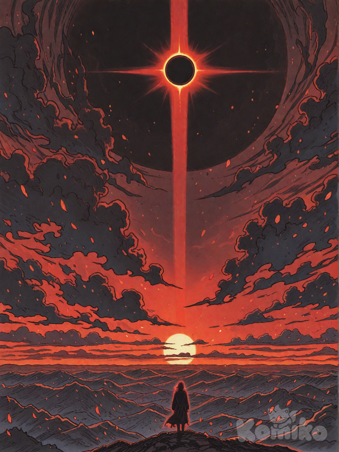 A massive crimson solar eclipse dominates the sky, the moon completely devouring the sun, leaving only a burning red corona radiating outward like flaming petals. The light is unnatural — a deep scarlet glow washes over the world, tinting clouds in shades of dark wine and ember orange. Thin streaks of black clouds drift slowly across the sky, partially veiling the eclipse and adding dramatic contrast. The atmosphere feels heavy and surreal. The horizon is dim, almost twilight-like, yet the red illumination creates sharp, elongated shadows across the landscape. The air shimmers slightly from the eerie light distortion. Subtle particles float in the air, catching the red glow like drifting ash. The sky transitions from deep blood-red near the eclipse to a darker maroon fading into near-black at the upper edges. The overall aesthetic is cinematic, high-detail anime style, dramatic lighting, ultra-detailed sky textures, dynamic shading, and intense contrast., [refined-fantasy-style]