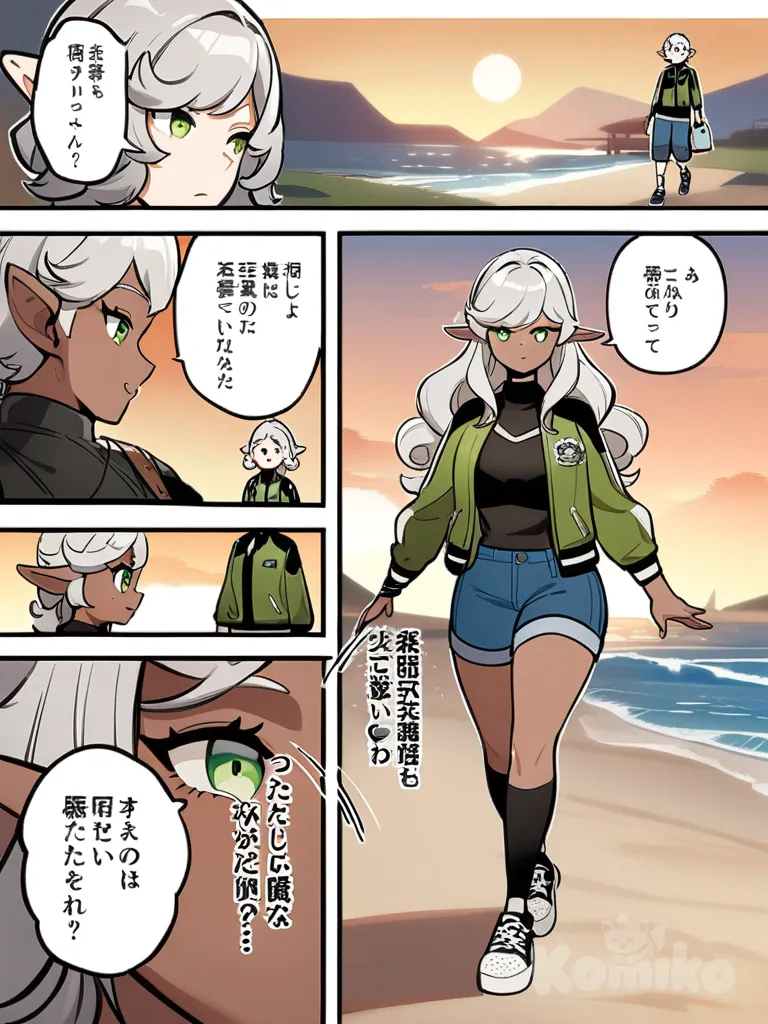1girl, Genshin Impact style, Demon Slayer style, vintage comic, elf, middle-aged, teenager, athletic, slim, curvy, tall, silver hair, long hair, curly hair, gray hair, green eyes, dark skin, outdoor adventure jacket, varsity jacket, leather jacket, vest, denim skirt, capri pants, beach shorts, evening dress, down jacket, choker, necklace, earrings, quartz watch, digital watch, bracelet, headphones, diamonds, pearls, jewelry, single character, full body, looking at viewer, simple background, white background
