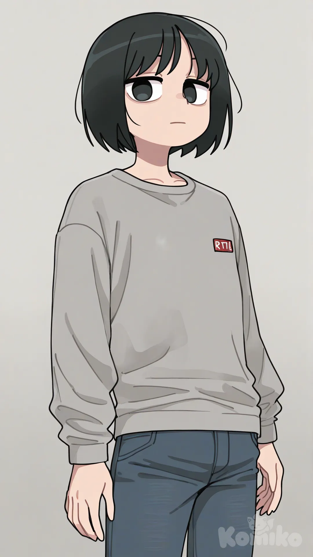 1boy, [clean-lines-style], expressionless, gray shirt, jeans, bob cut