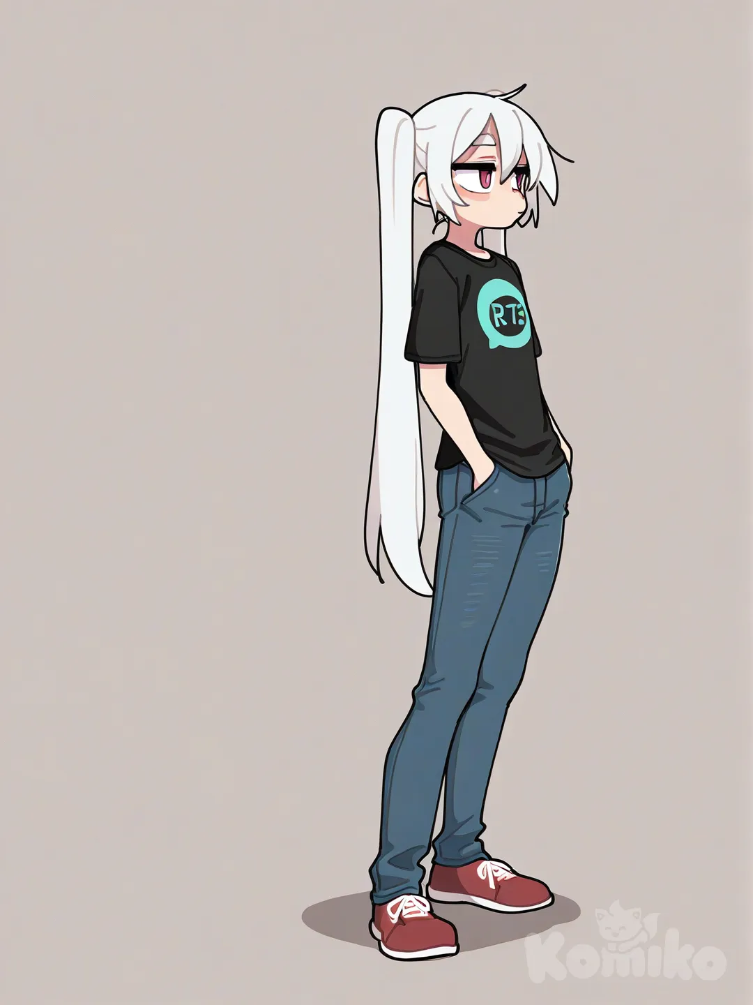 1boy, [clean-lines-style], hands in pockets, t-shirt, jeans, twin tails, ivory white