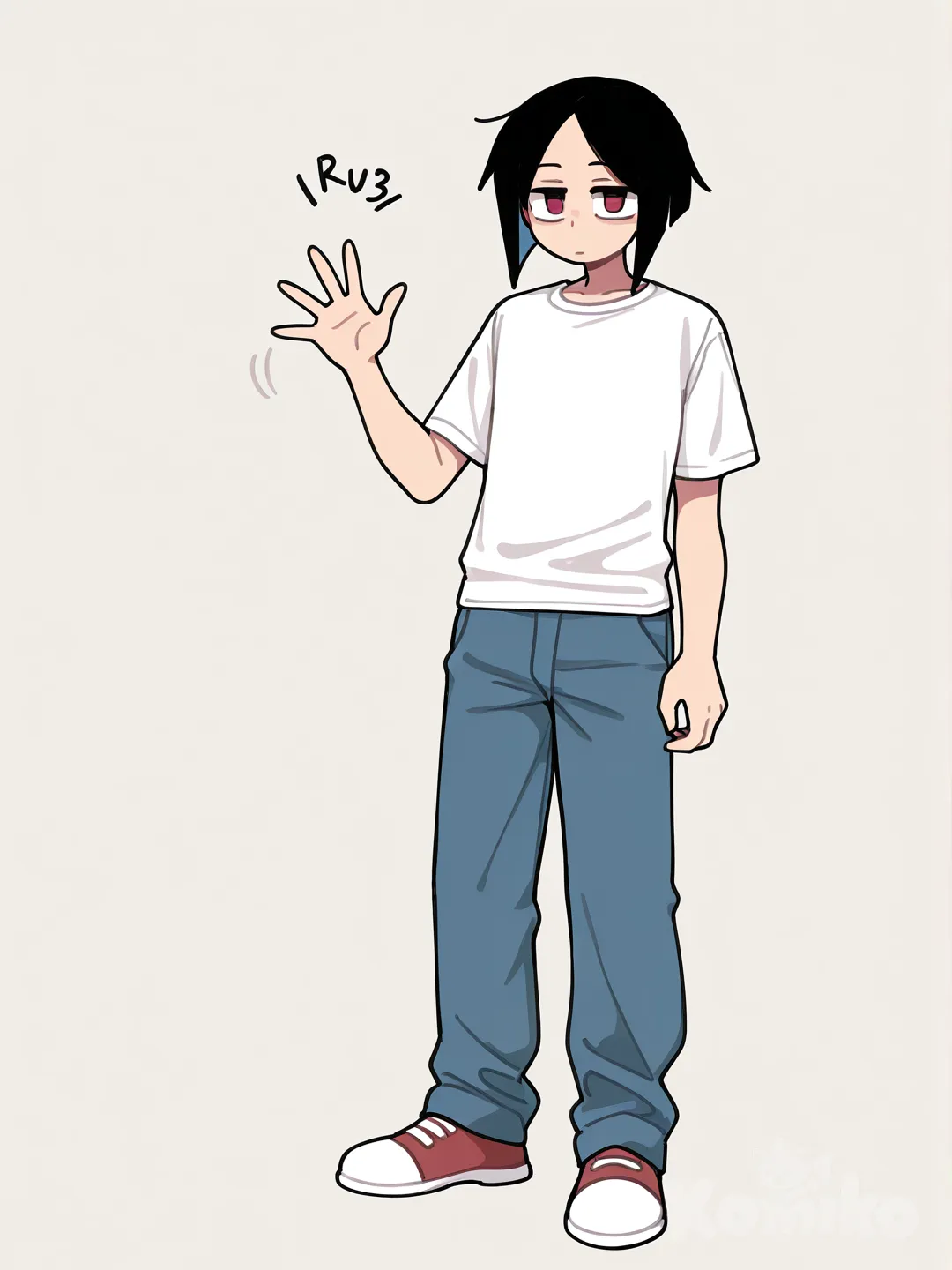 1boy, [clean-lines-style], waving, expressionless, shirt, jeans, inverted bob