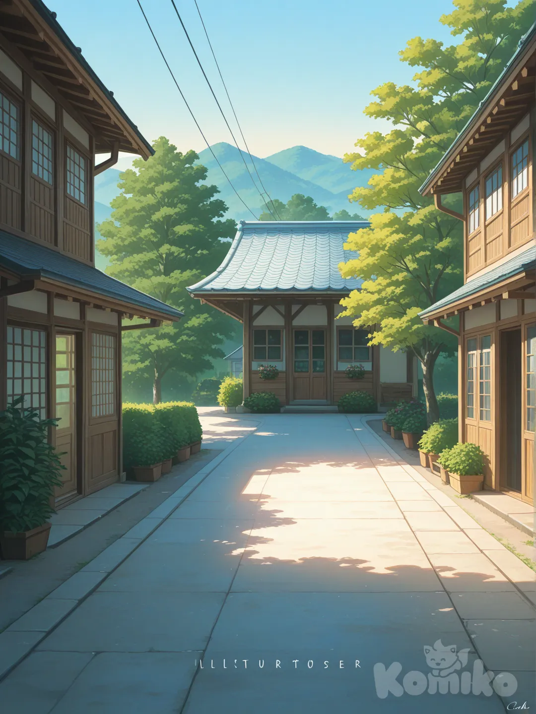 Anime style illustration of a peaceful suburban neighborhood, camera angle straight facing a single main house in focus, surrounded by a few nearby houses and greenery, clean street and soft sunlight, calm blue sky, architecture with Japanese-style design, soft warm lighting, realistic shadows, cinematic composition, high-resolution artwork, inspired by Makoto Shinkai and Studio Ghibli.”no people, no cars, no blur, no text, no watermark, no night scene, no dark mood, no broken buildings, no futuristic city, no low quality, no extra objects in front.”