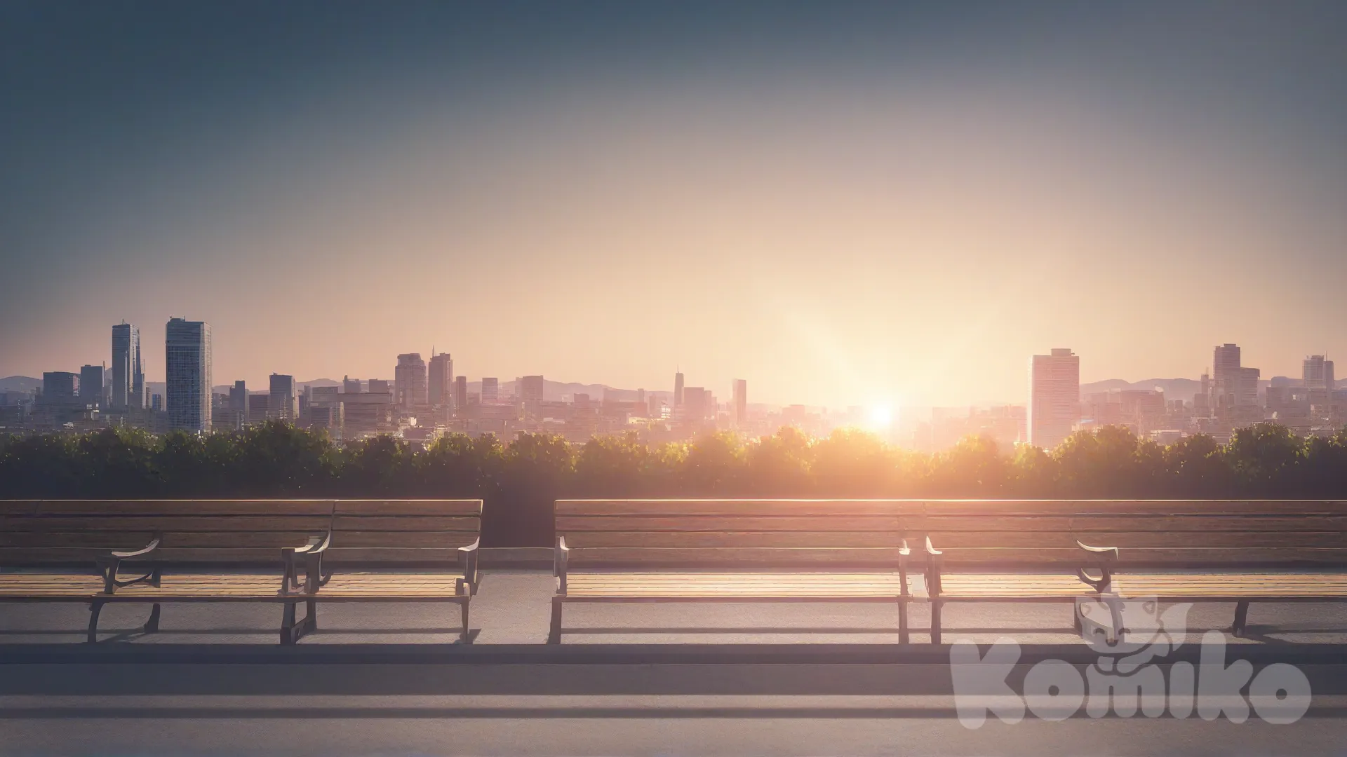 A bench in front of some buildings camera angle straight focused on bench , [bright-anime-style] weather morning time soft lighting, no blurry