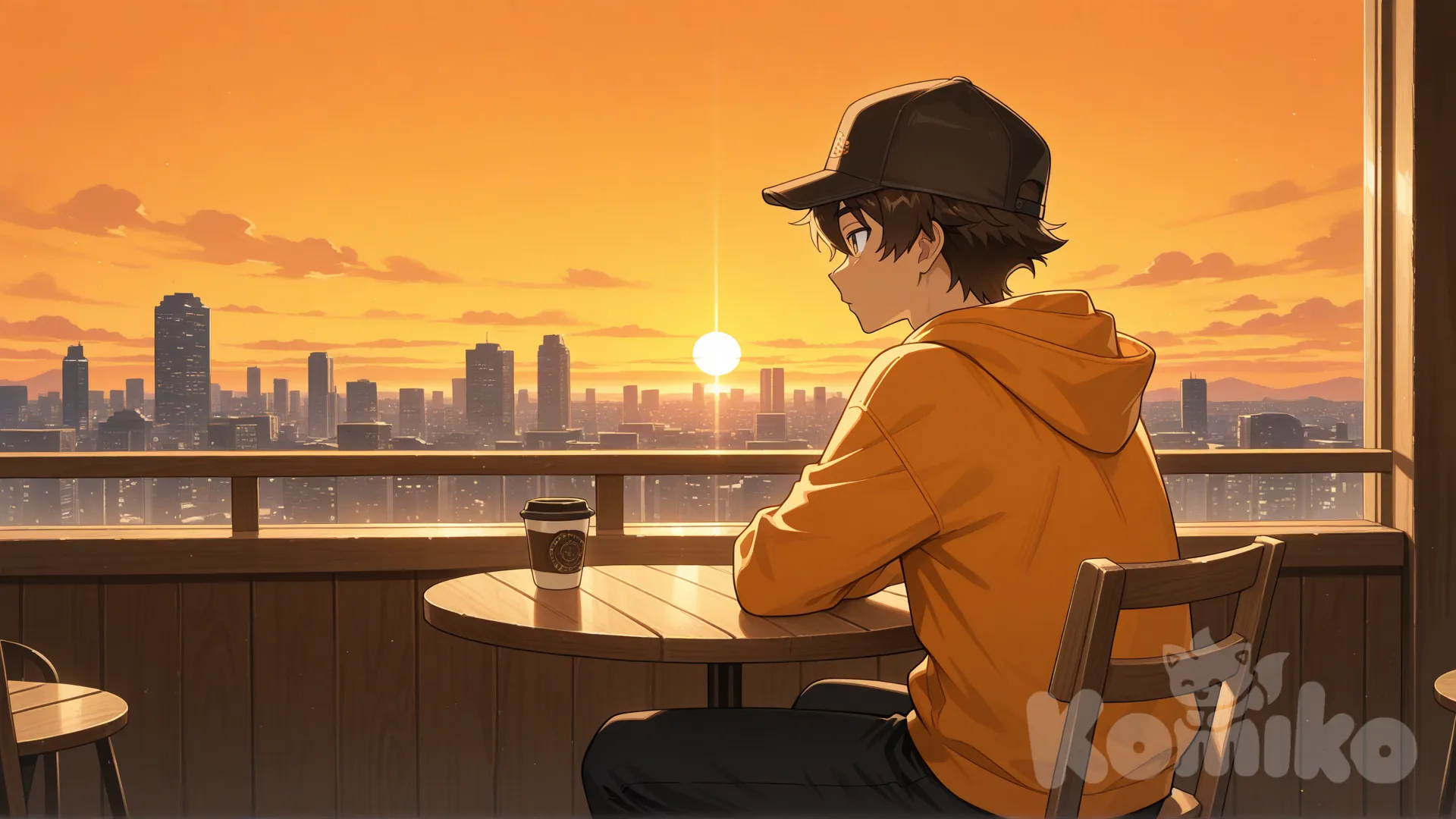 Anime style scene in the same rooftop area with identical sunset lighting, warm color tone, and the same city skyline as the reference image. The long bench area is replaced with multiple café tables and wooden chairs, keeping the environment layout unchanged.
A teenage boy with the same hoodie, same cap, and same facial style is sitting on one of the café chairs but facing outward, looking toward the sunset and the city view instead of the camera. Camera angle is slightly from him, he looks at the horizon. Soft warm sunlight around him, gentle shadows, high-quality anime background.” [bright -anime-style]