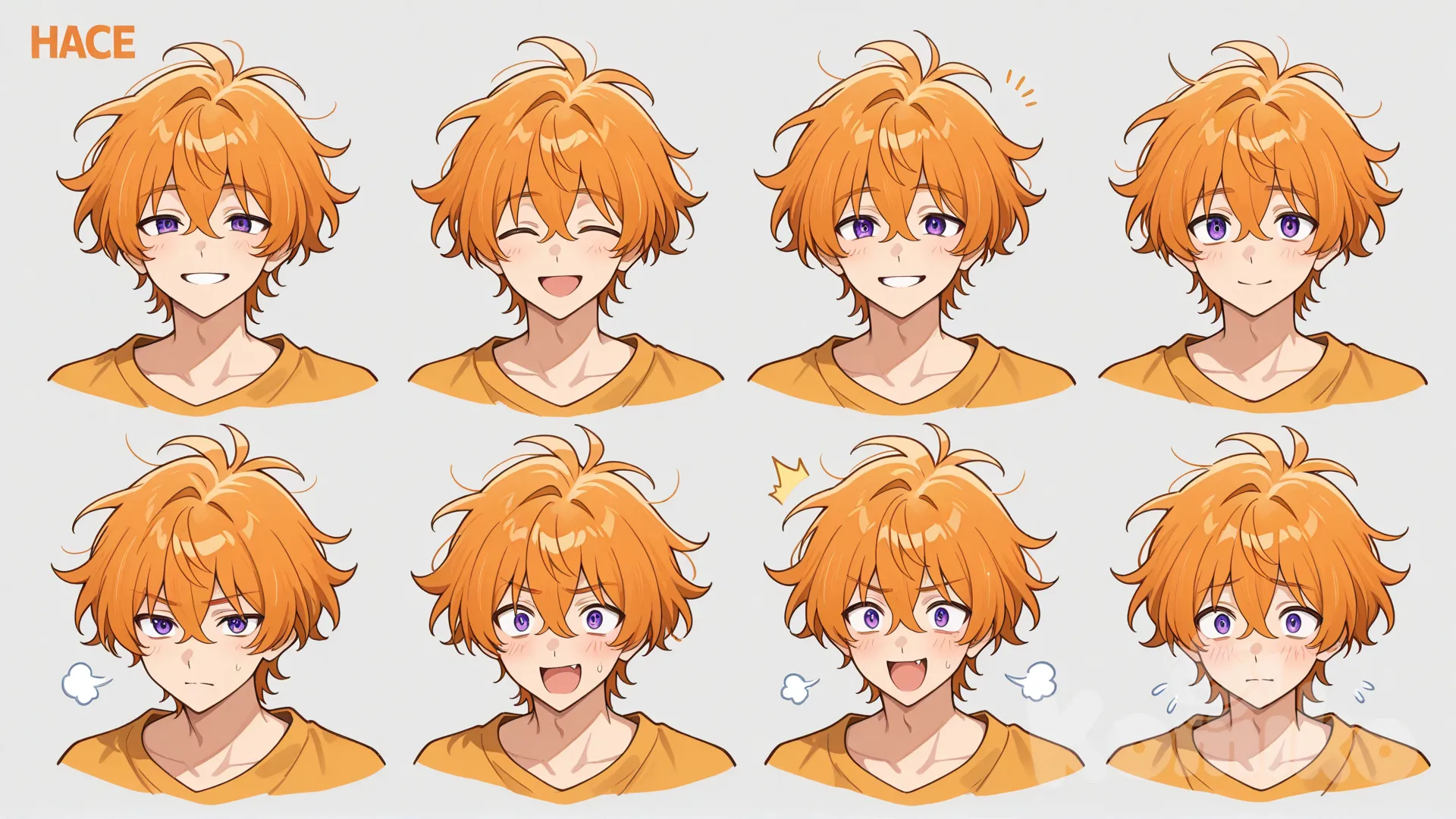 Make a character sheet for this boy anime character. In all angles all expression in one photo professional look like good quality no blurry [ bright -anime-style]