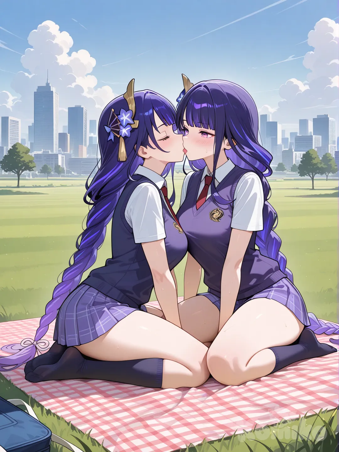 18+, Raiden_Shogun, polo shirt, headshot, full body, school vest, picnic, kissing, frown, tie, cloud, cityscape, grassland